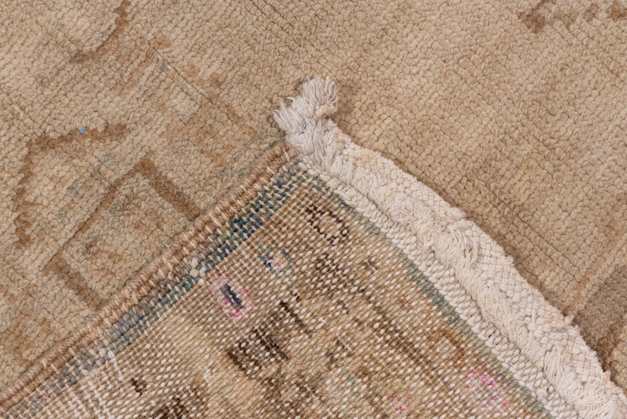 6' x 14' one-of-a-kind handmade vintage Oushak large size rug. Color palette: ivory, taupe, camel, brown, beige, gray