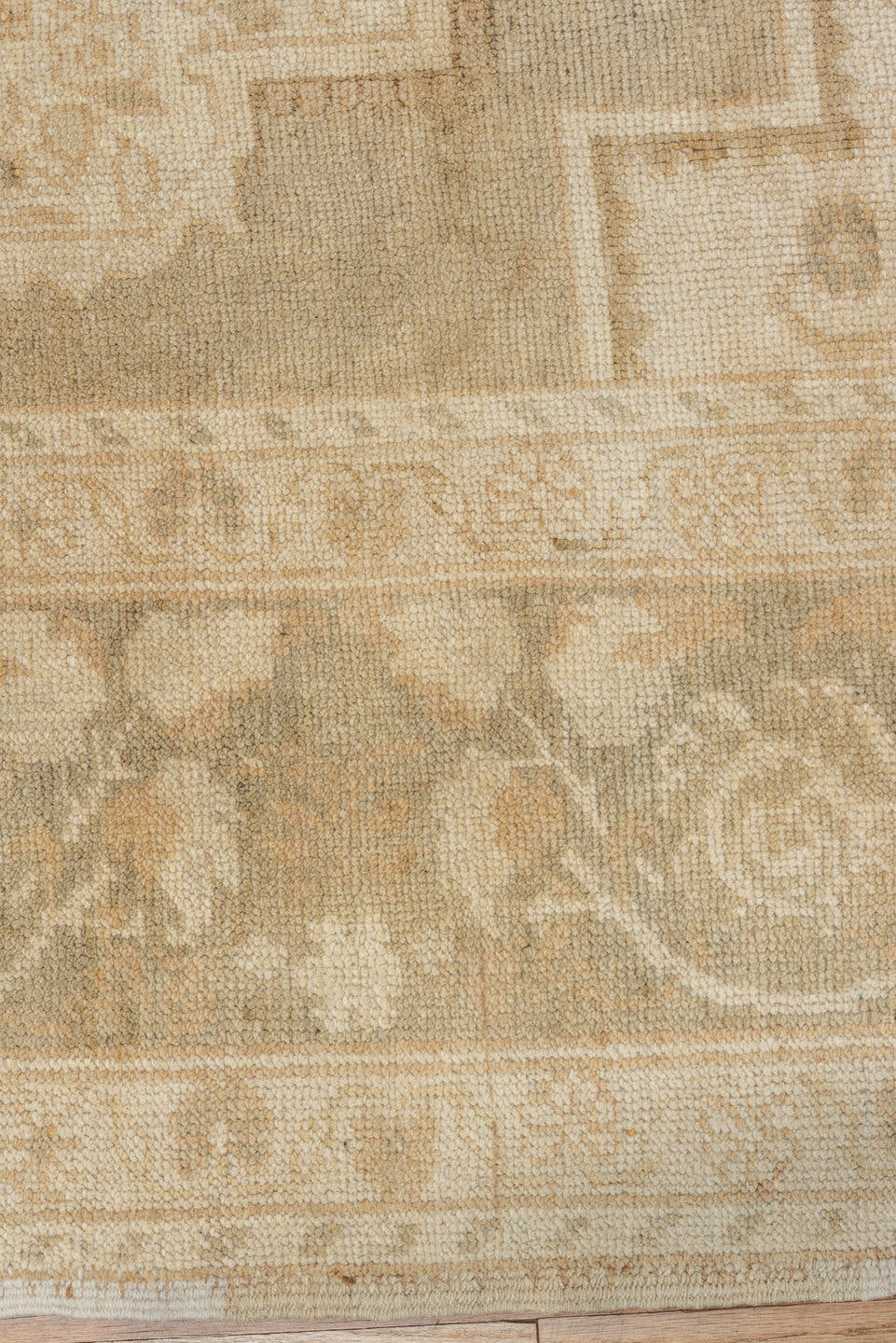 6' x 10' one-of-a-kind handmade vintage Oushak large size rug. Color palette: ivory, beige, taupe, sand, greige, gray