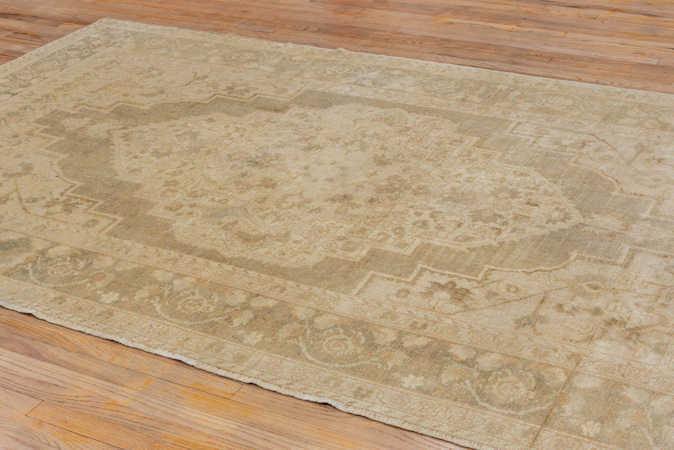 6' x 10' one-of-a-kind handmade vintage Oushak large size rug. Color palette: ivory, beige, taupe, sand, greige, gray