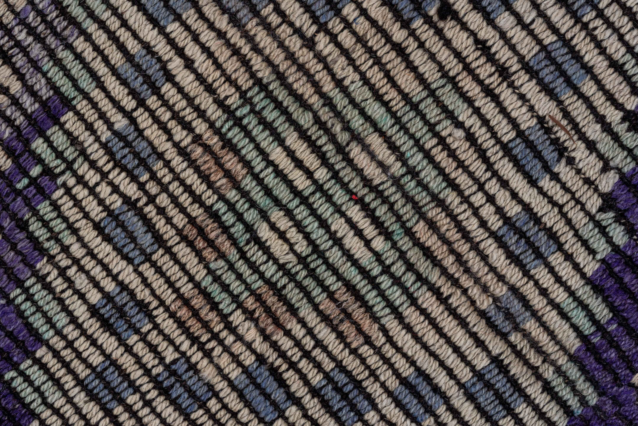 6' x 11' one-of-a-kind handmade vintage Jijim large size rug. Color palette: taupe, indigo, ivory, violet, sage, brown