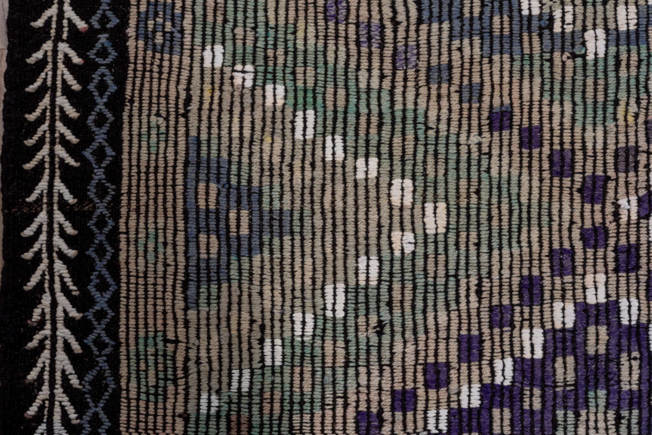 6' x 11' one-of-a-kind handmade vintage Jijim large size rug. Color palette: taupe, indigo, ivory, violet, sage, brown