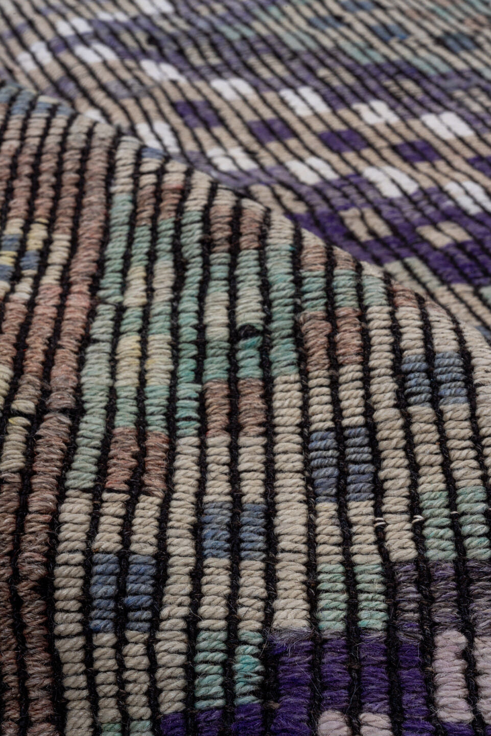 6' x 11' one-of-a-kind handmade vintage Jijim large size rug. Color palette: taupe, indigo, ivory, violet, sage, brown