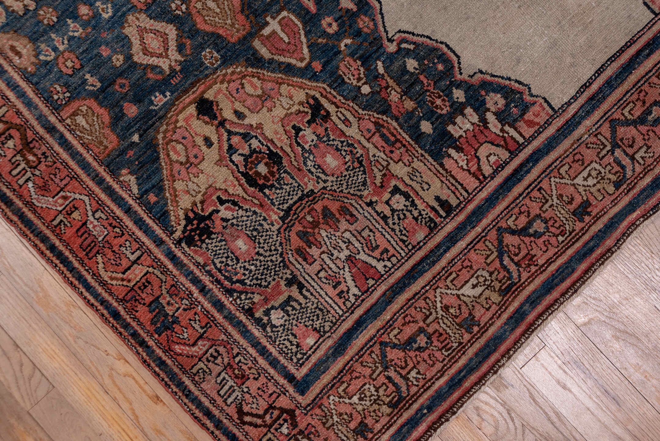 6' x 11' one-of-a-kind handmade antique Malayer large size rug. Color palette: ivory, rose, navy, rust, slate, taupe, camel