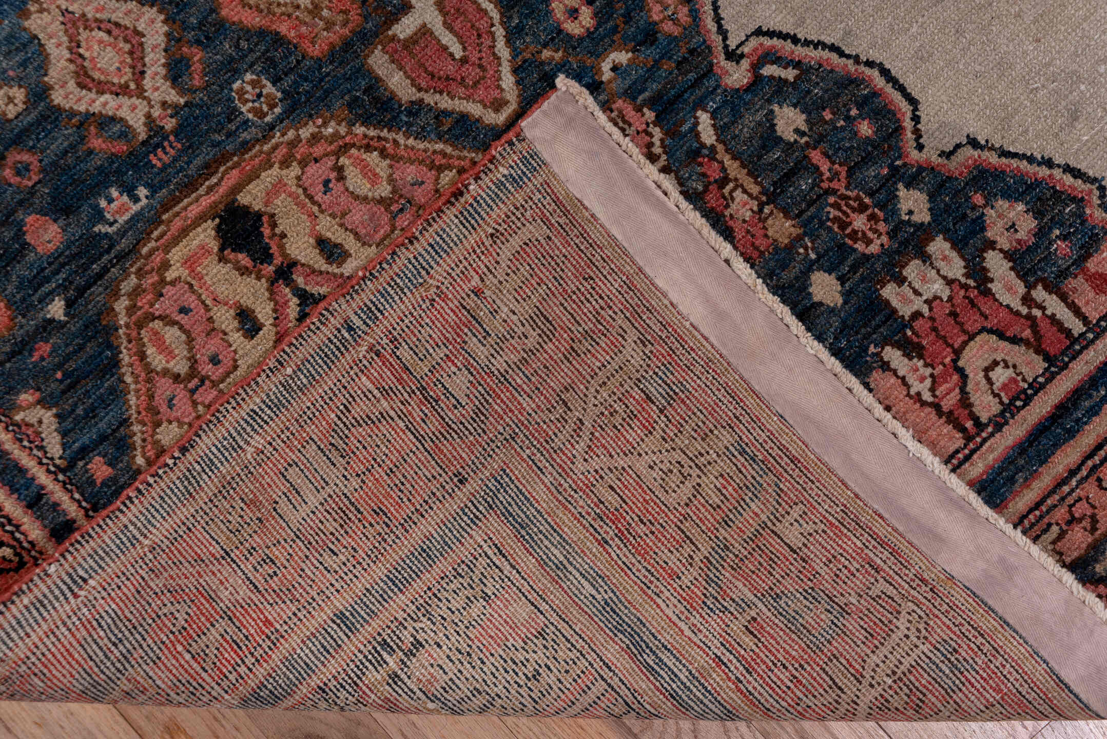 6' x 11' one-of-a-kind handmade antique Malayer large size rug. Color palette: ivory, rose, navy, rust, slate, taupe, camel