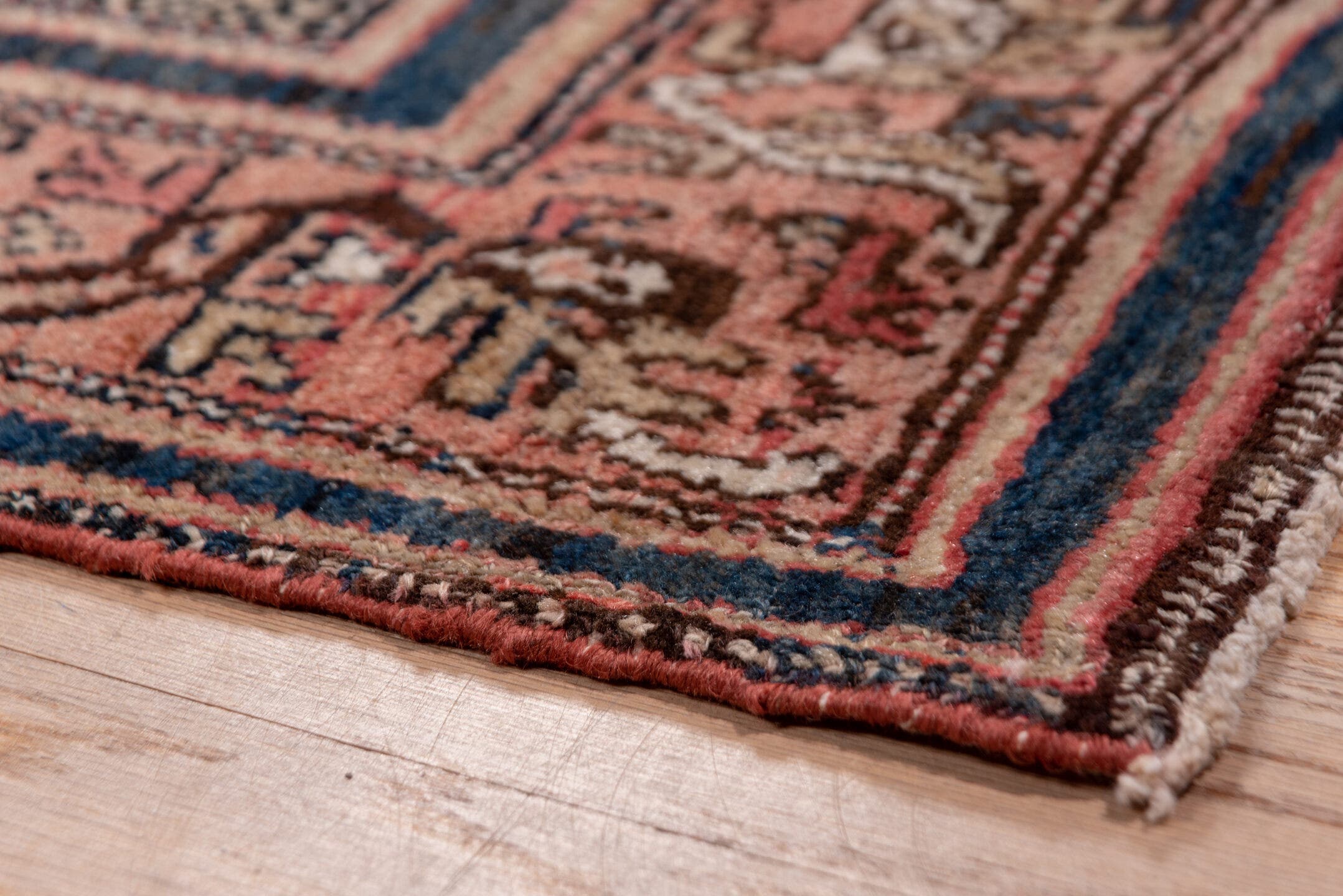 6' x 11' one-of-a-kind handmade antique Malayer large size rug. Color palette: ivory, rose, navy, rust, slate, taupe, camel