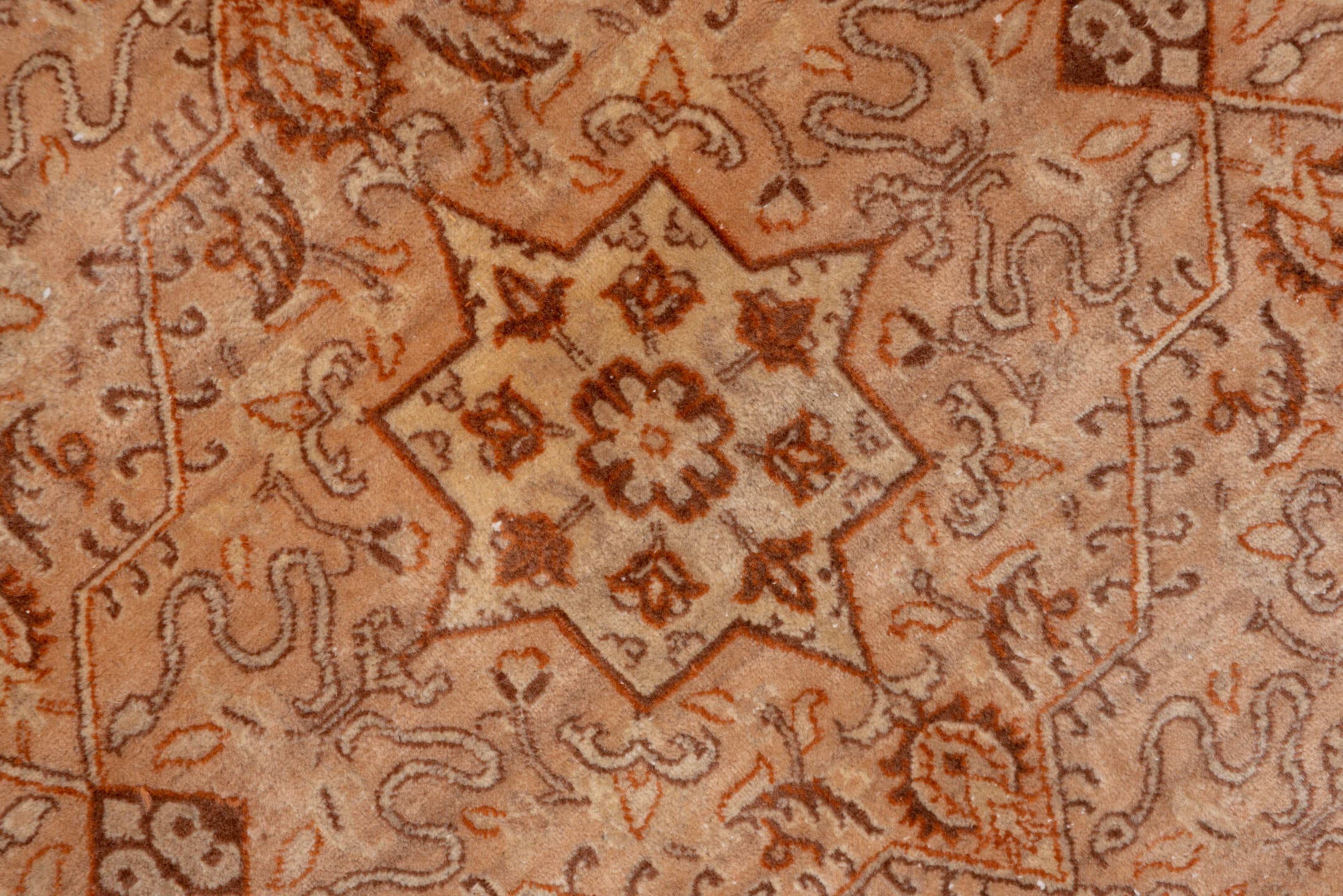 8' x 9' one-of-a-kind handmade vintage Agra rug. Color palette: terra cotta, camel, ivory, rust, taupe, brown, terracotta