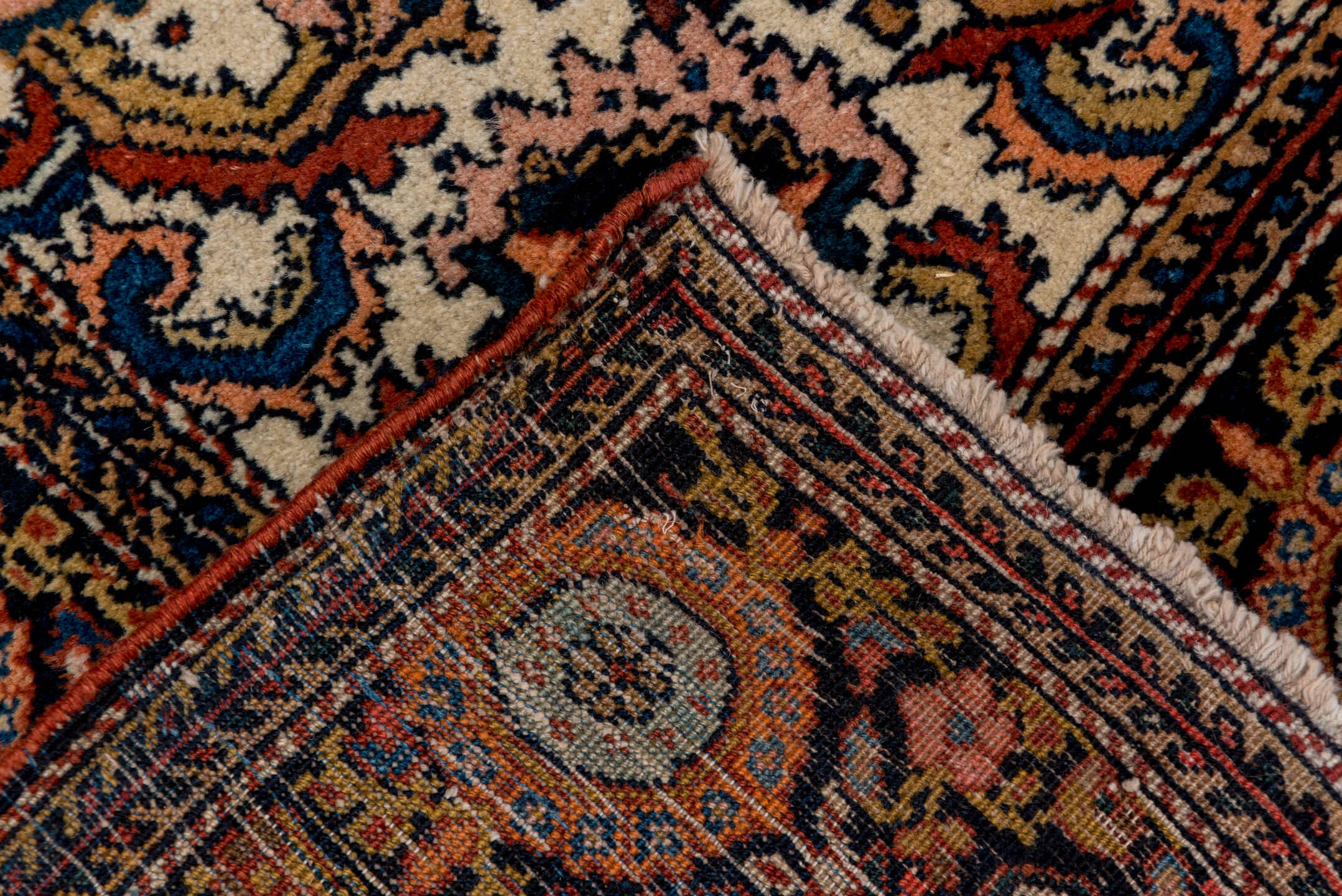 4' x 6' one-of-a-kind handmade antique Far.Sarouk small size rug. Color palette: rust, navy, ivory, soft blue, rose, camel