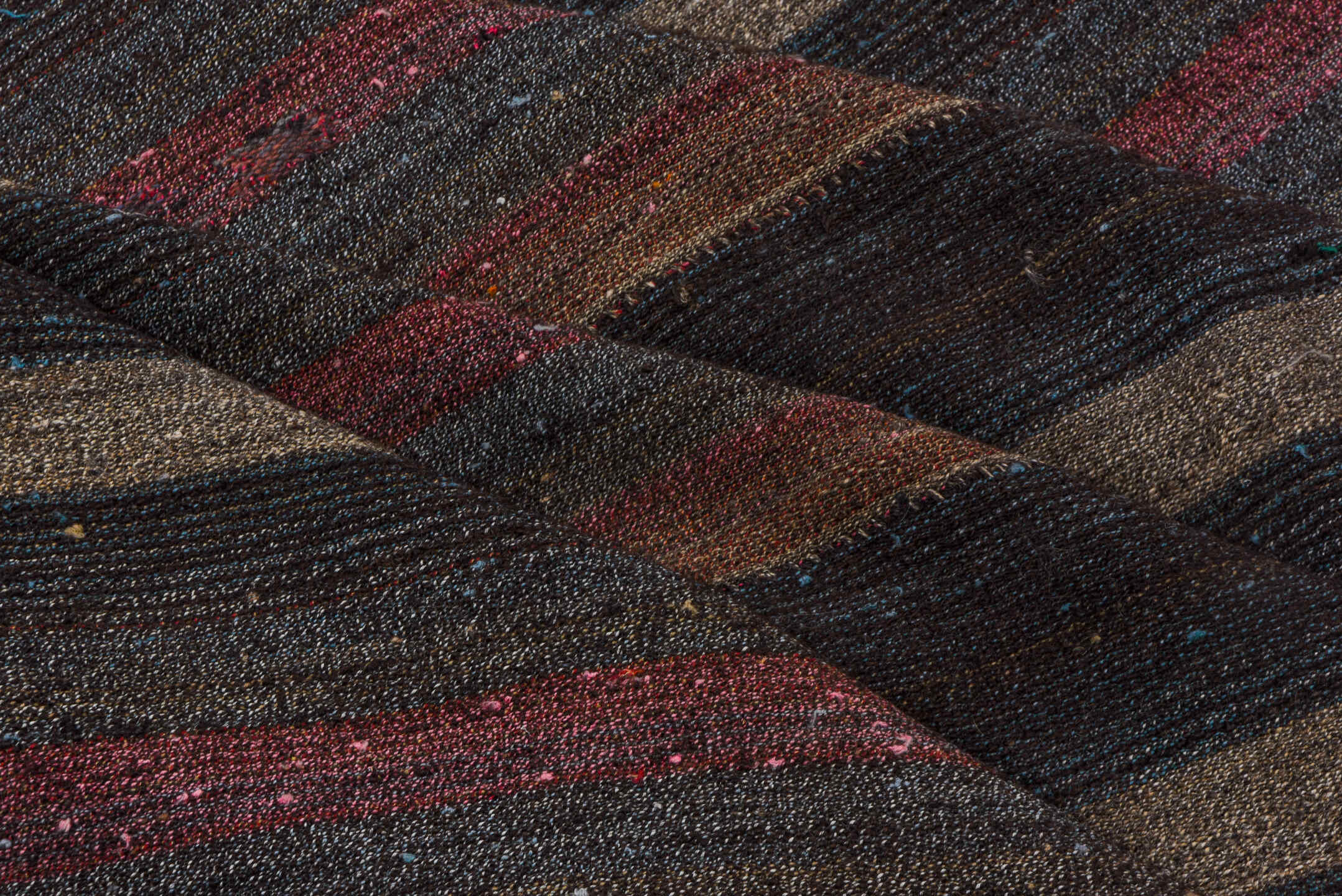 9' x 10' one-of-a-kind handmade vintage Kilim large size rug. Color palette: black, brown, gray, pink, red, rosy brown