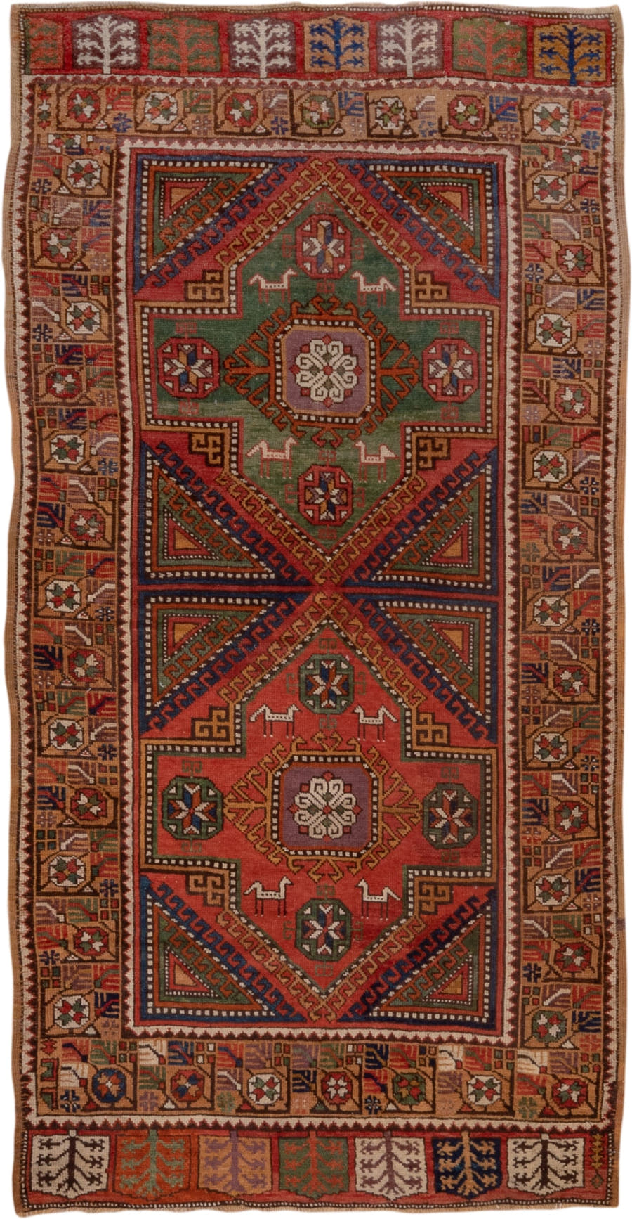 4' x 8' one-of-a-kind handmade antique Konya rug. Color palette: rust, terra cotta, sage, indigo, ivory, camel, burgundy