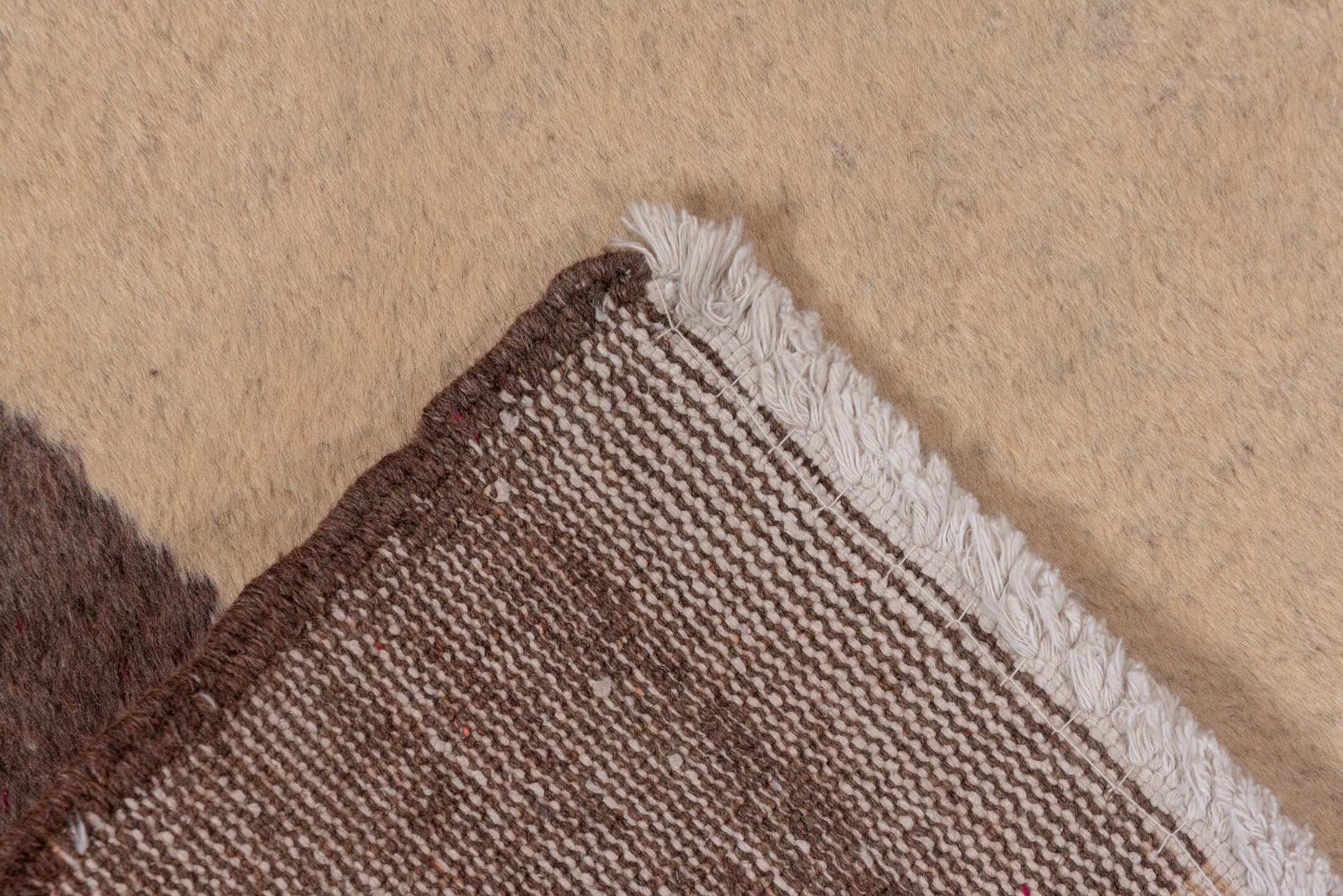 2' x 9' one-of-a-kind handmade vintage Oushak runner rug. Color palette: ivory, brown, taupe, beige, gray