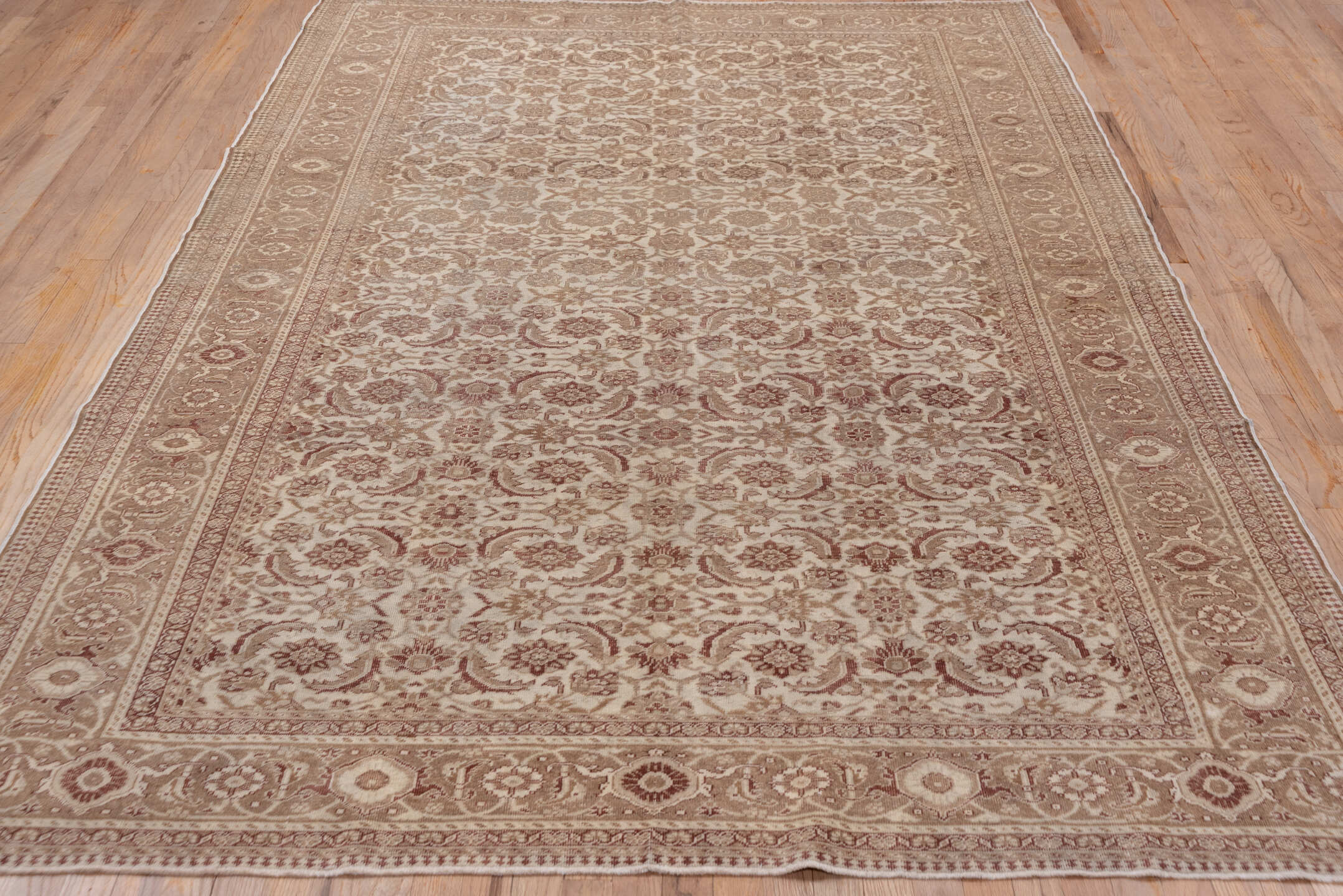 6' x 9' one-of-a-kind handmade antique Kaisary medium size rug. Color palette: taupe, ivory, rose, camel, beige, gray, pink