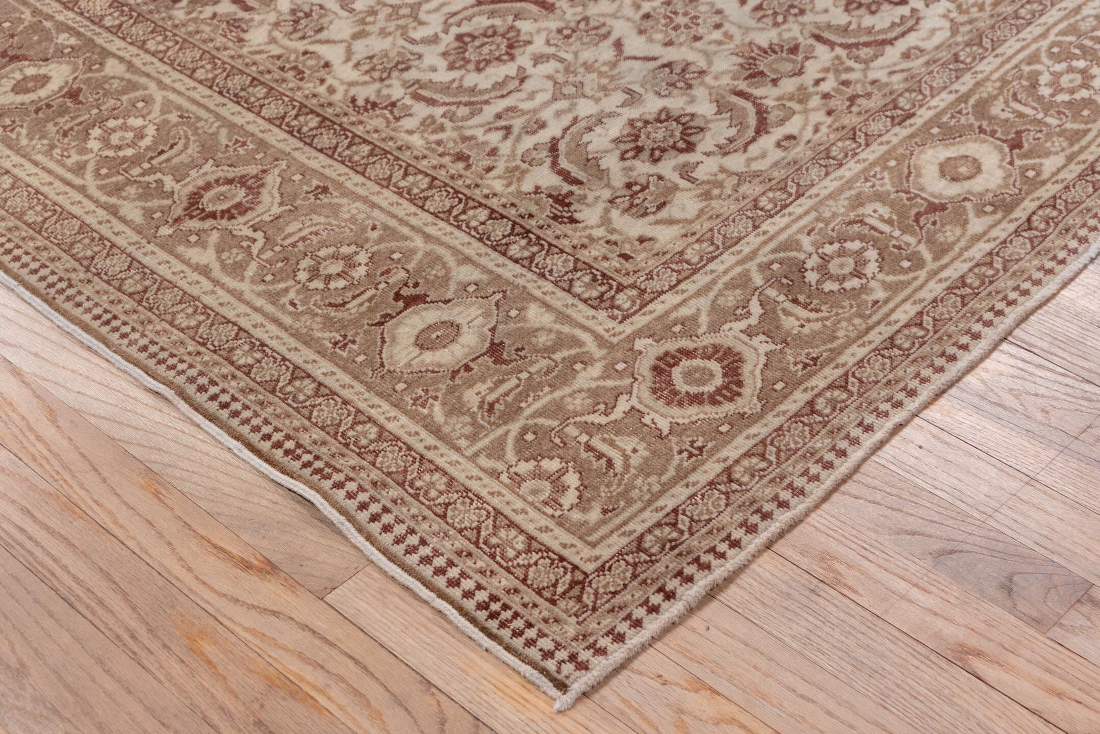 6' x 9' one-of-a-kind handmade antique Kaisary medium size rug. Color palette: taupe, ivory, rose, camel, beige, gray, pink