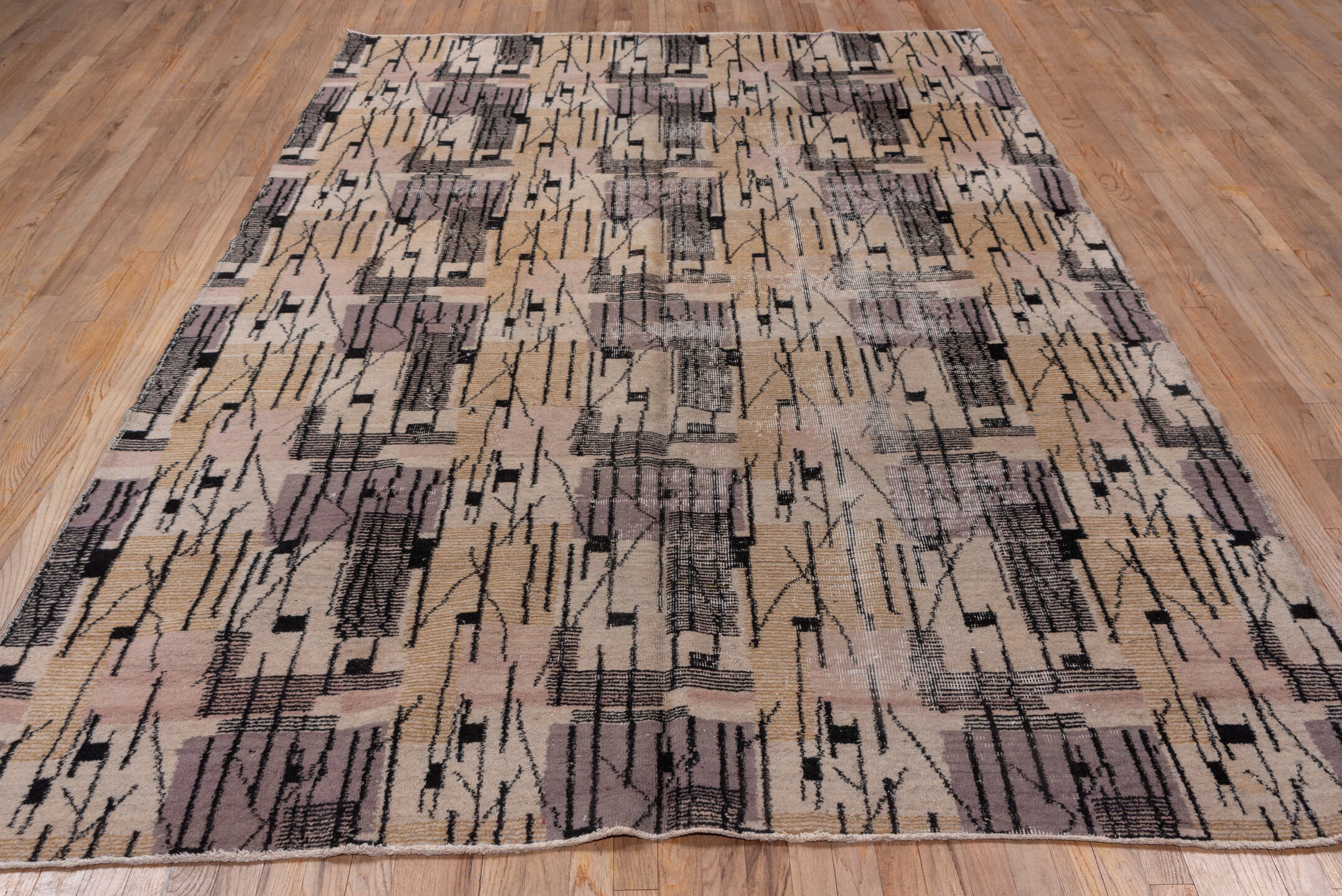 6' x 10' one-of-a-kind handmade vintage Art Deco large size rug. Color palette: ivory, charcoal, taupe, lavender, blush