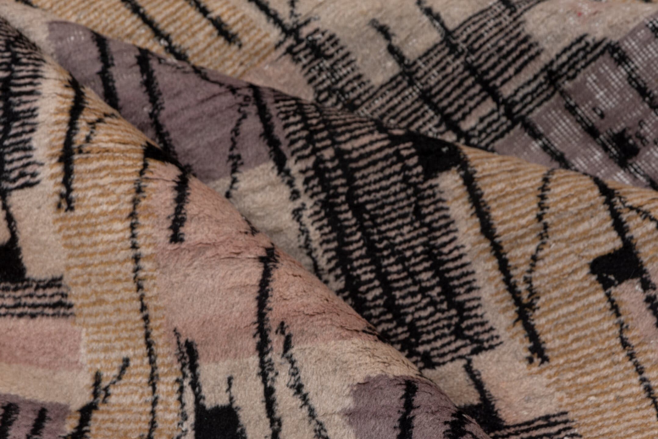 6' x 10' one-of-a-kind handmade vintage Art Deco large size rug. Color palette: ivory, charcoal, taupe, lavender, blush