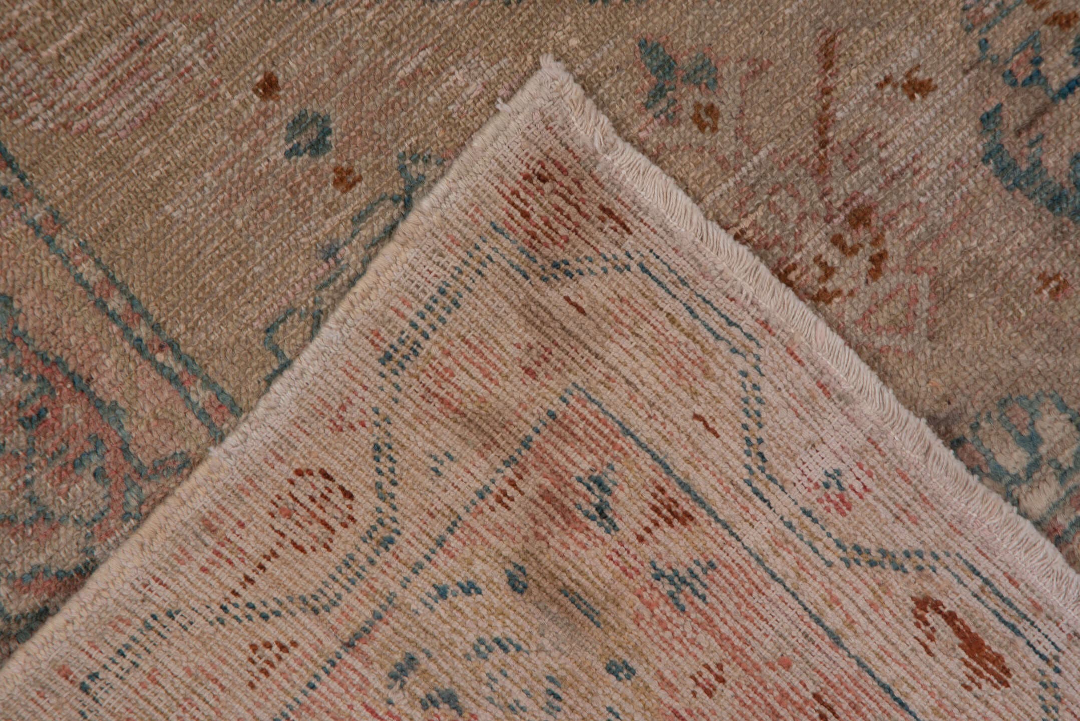 4' x 7' one-of-a-kind handmade antique Oushak rug. Color palette: blush, ivory, aqua, rust, taupe, sage, pink, teal