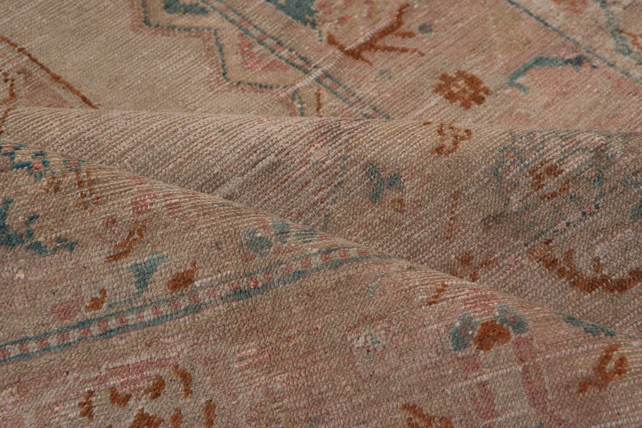 4' x 7' one-of-a-kind handmade antique Oushak rug. Color palette: blush, ivory, aqua, rust, taupe, sage, pink, teal