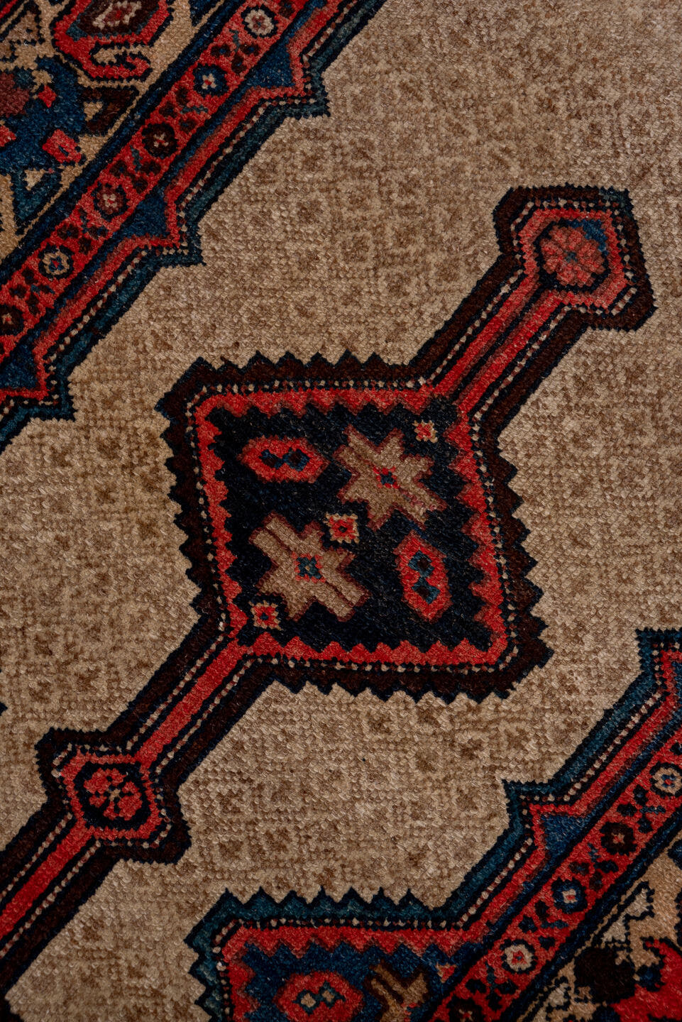3' x 20' one-of-a-kind handmade antique Cam Hamadan runner rug. Color palette: camel, ivory, indigo, rust, navy, rose, brown