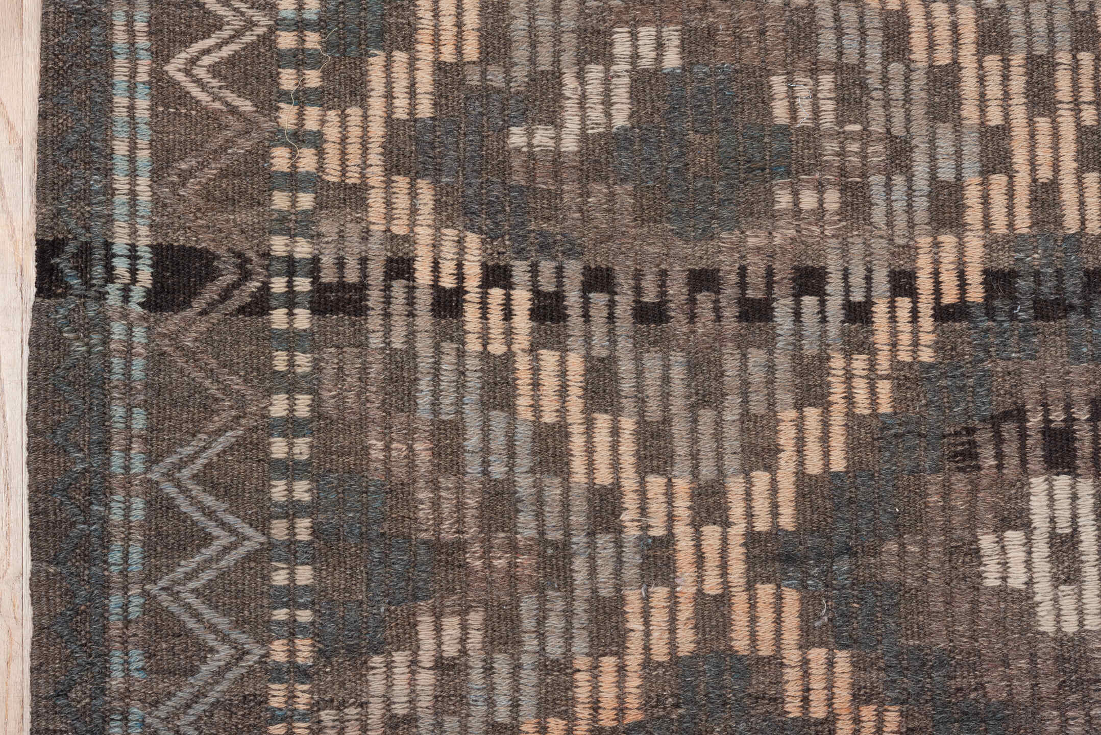 6' x 8' one-of-a-kind handmade vintage Jijim medium size rug. Color palette: brown, charcoal, camel, taupe, ivory, turquoise