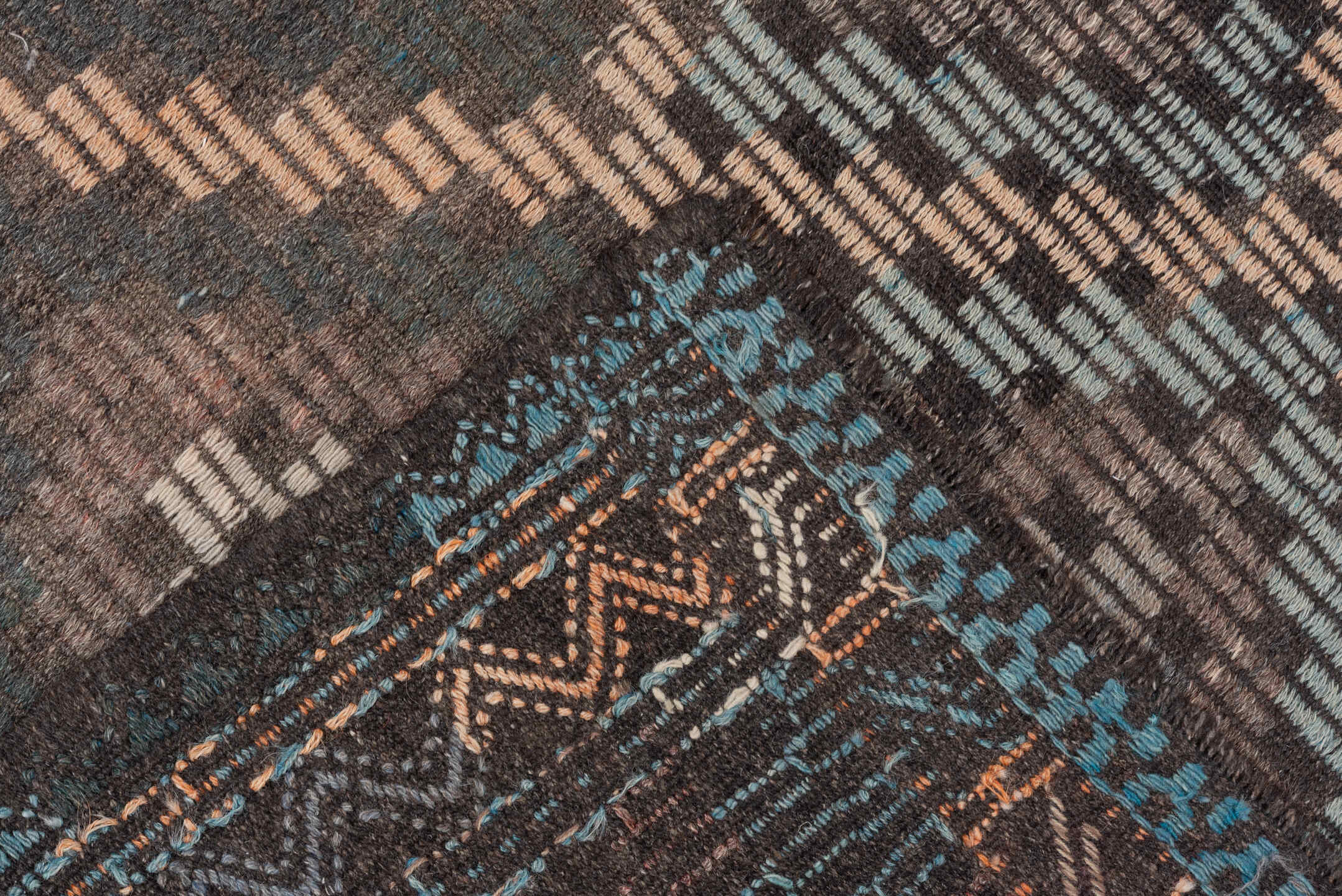 6' x 8' one-of-a-kind handmade vintage Jijim medium size rug. Color palette: brown, charcoal, camel, taupe, ivory, turquoise