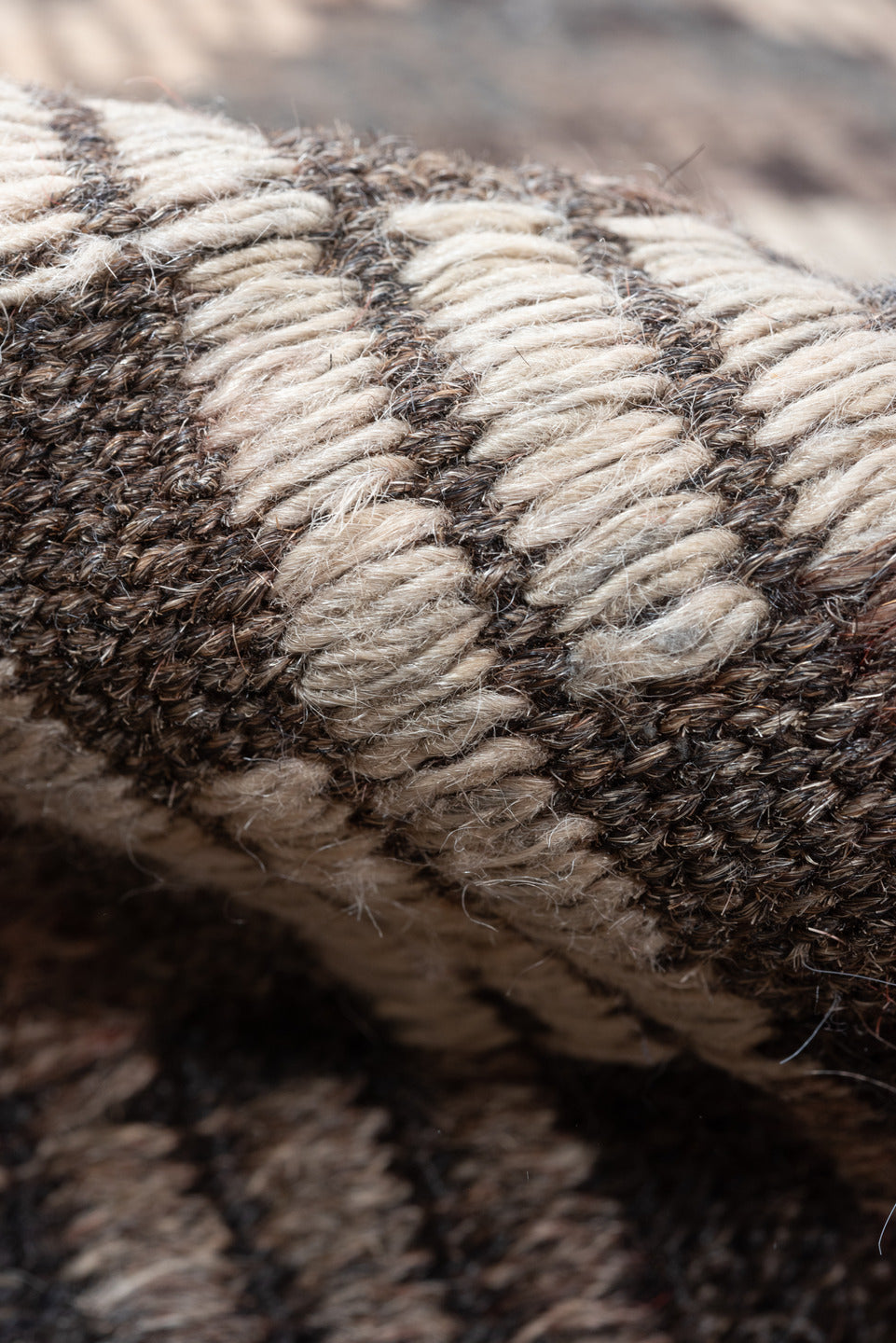 6' x 8' one-of-a-kind handmade vintage Jijim medium size rug. Color palette: black, brown, charcoal, dark gray, dim gray