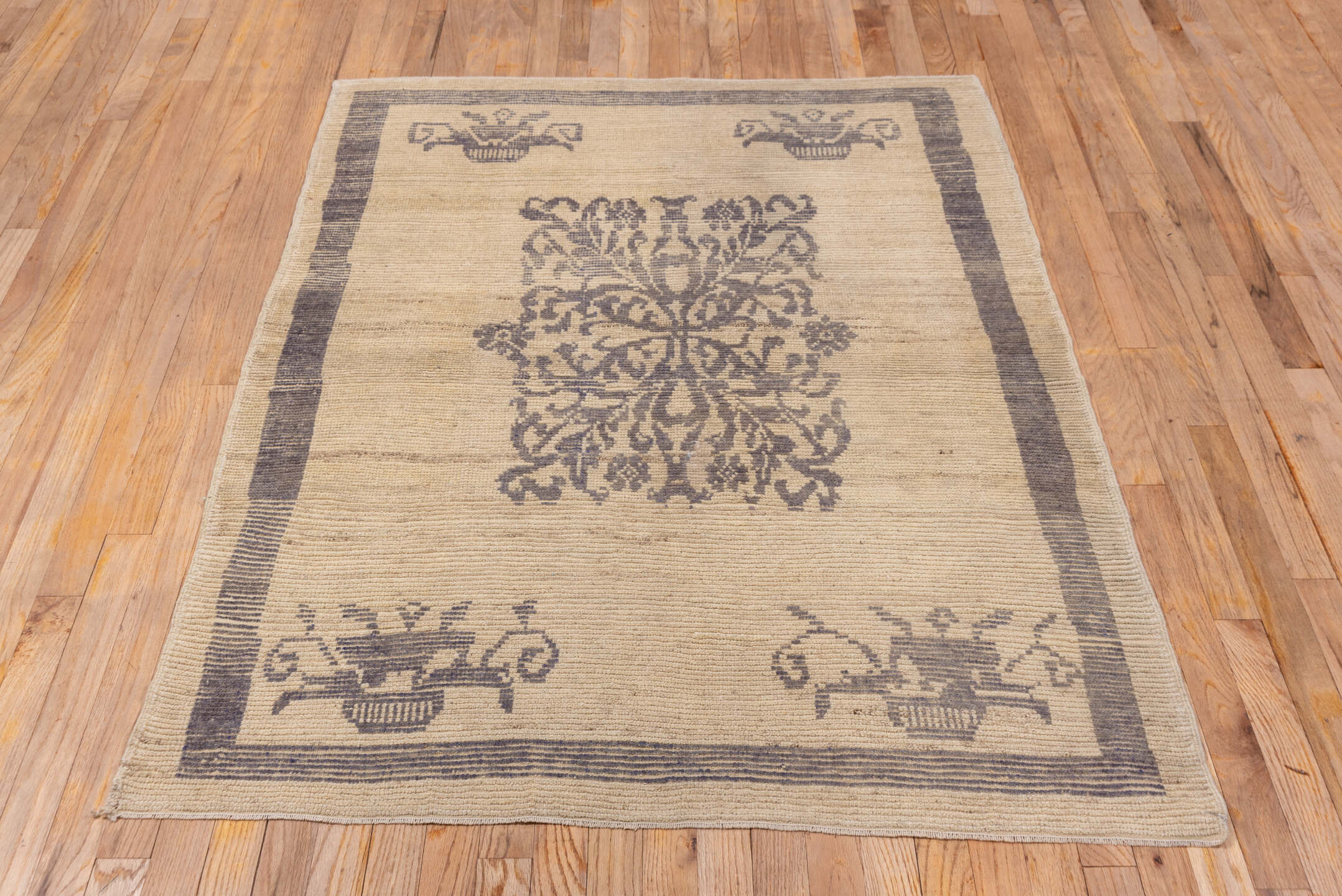 4' x 5' one-of-a-kind handmade vintage Tulu small size rug. Color palette: brown, gray, light gray, off-white, pink, snow