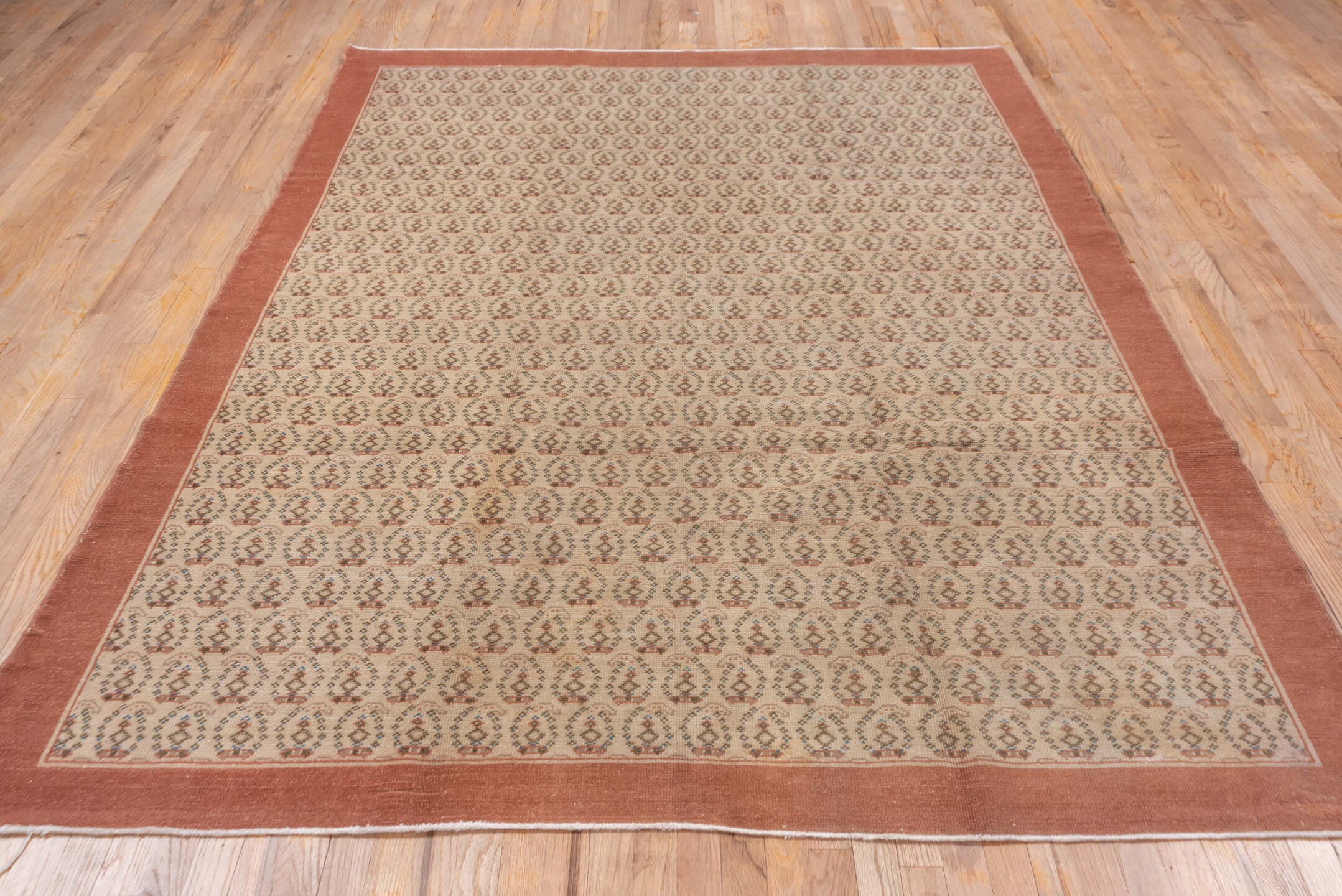 6' x 9' one-of-a-kind handmade vintage Oushak medium size rug. Color palette: dusty rose, ivory, taupe, brown, charcoal