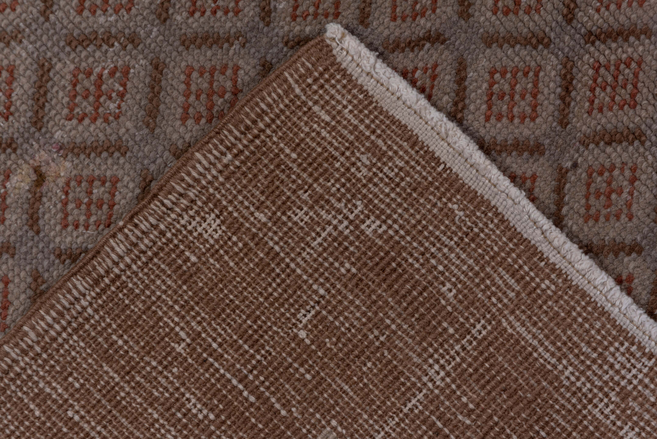 7' x 10' one-of-a-kind handmade vintage Oushak large size rug. Color palette: brown, gray, pink