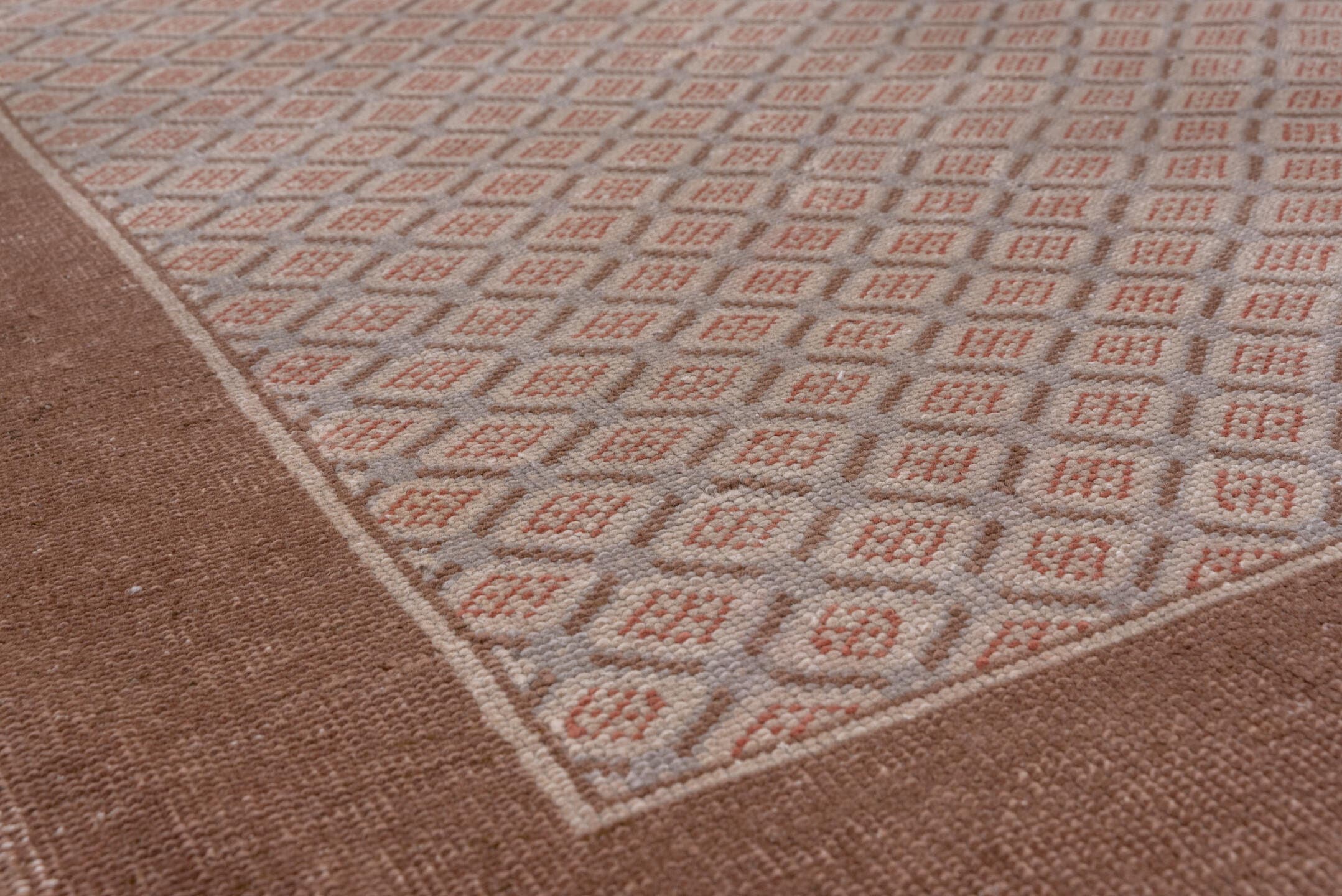7' x 10' one-of-a-kind handmade vintage Oushak large size rug. Color palette: taupe, brown, rose, mauve, charcoal, beige