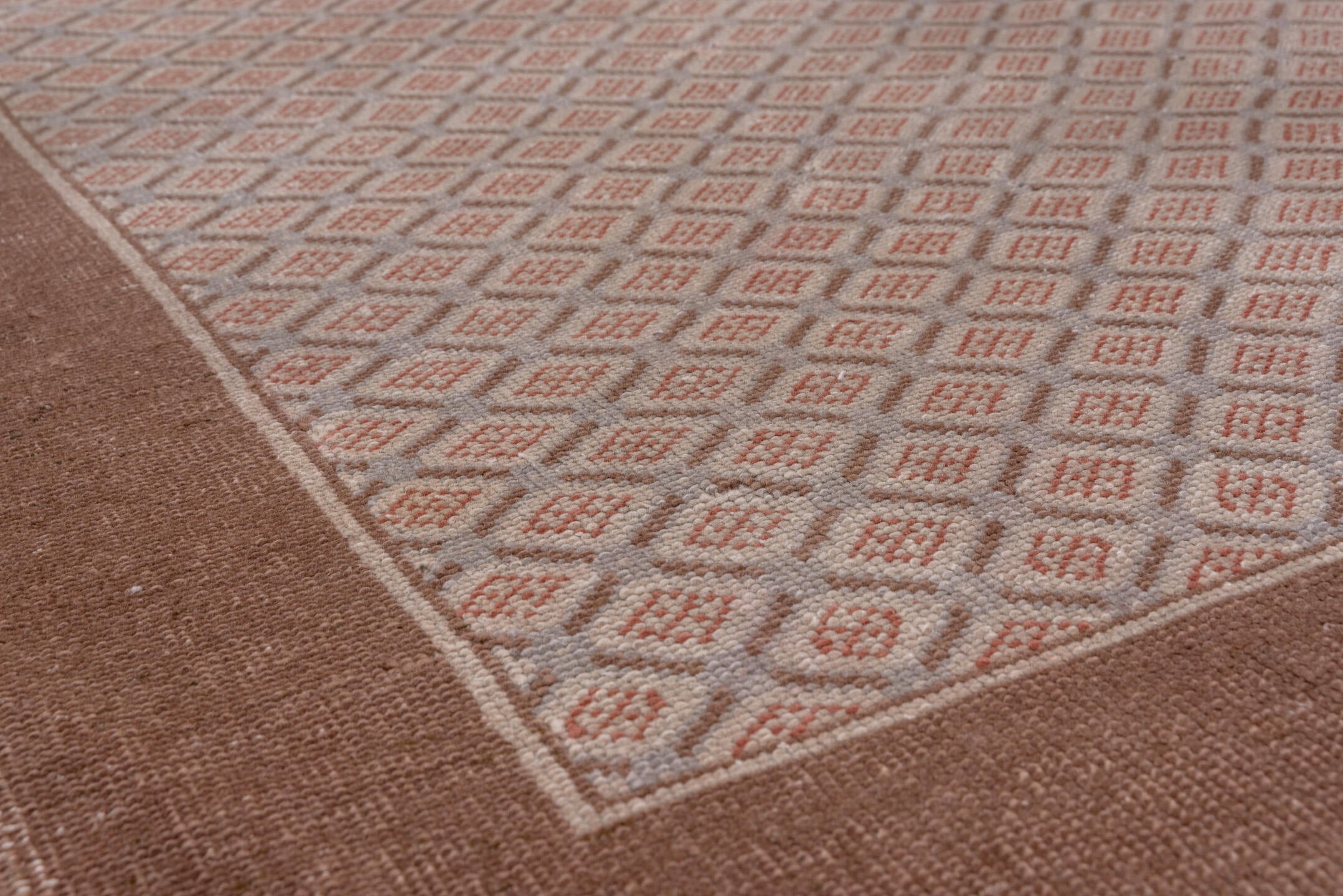 7' x 10' one-of-a-kind handmade vintage Oushak large size rug. Color palette: brown, gray, pink