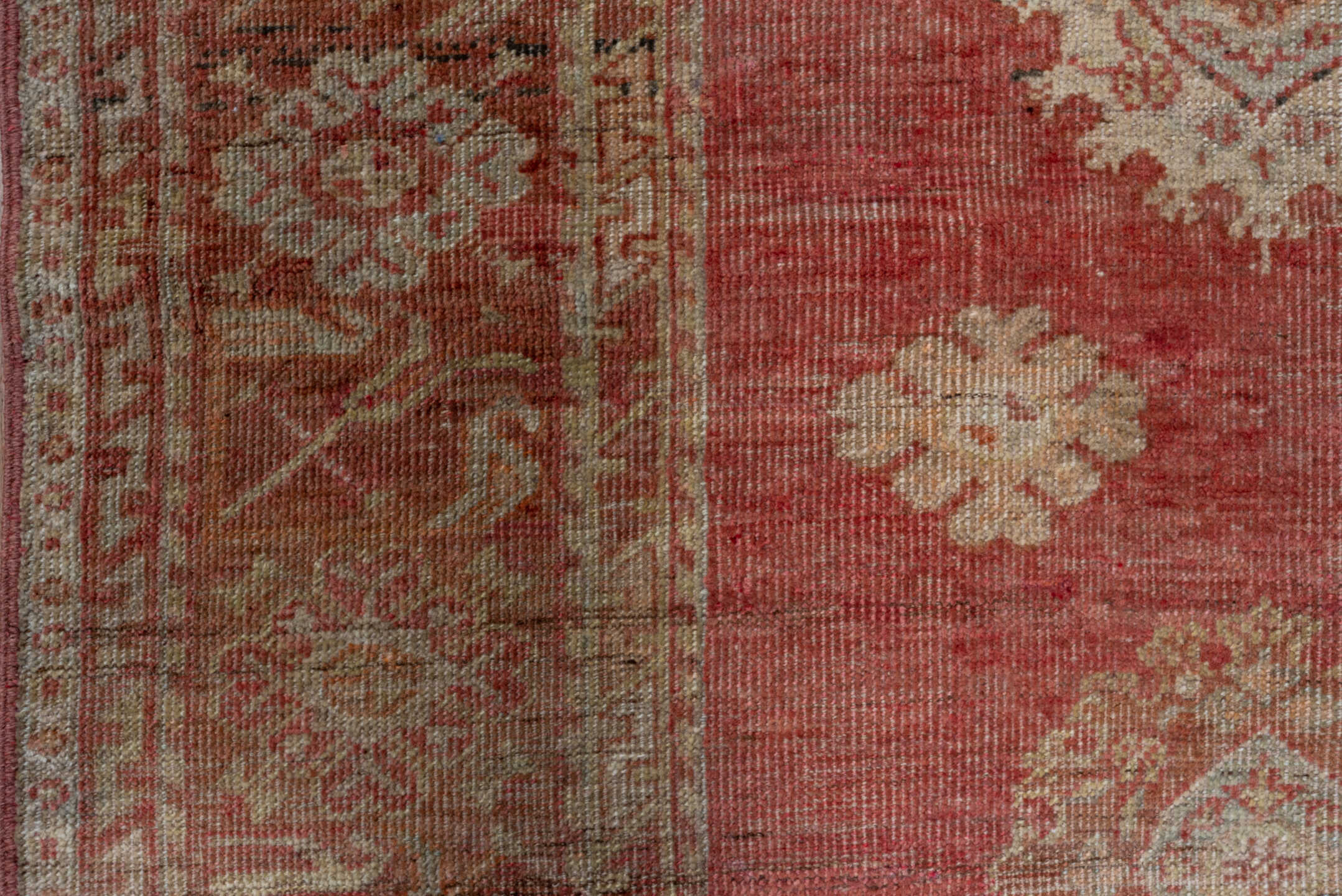 4' x 12' one-of-a-kind handmade vintage Oushak runner rug. Color palette: brown, maroon, pink, red