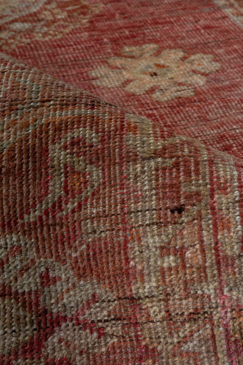4' x 12' one-of-a-kind handmade vintage Oushak runner rug. Color palette: coral, ivory, rust, camel, brown, charcoal