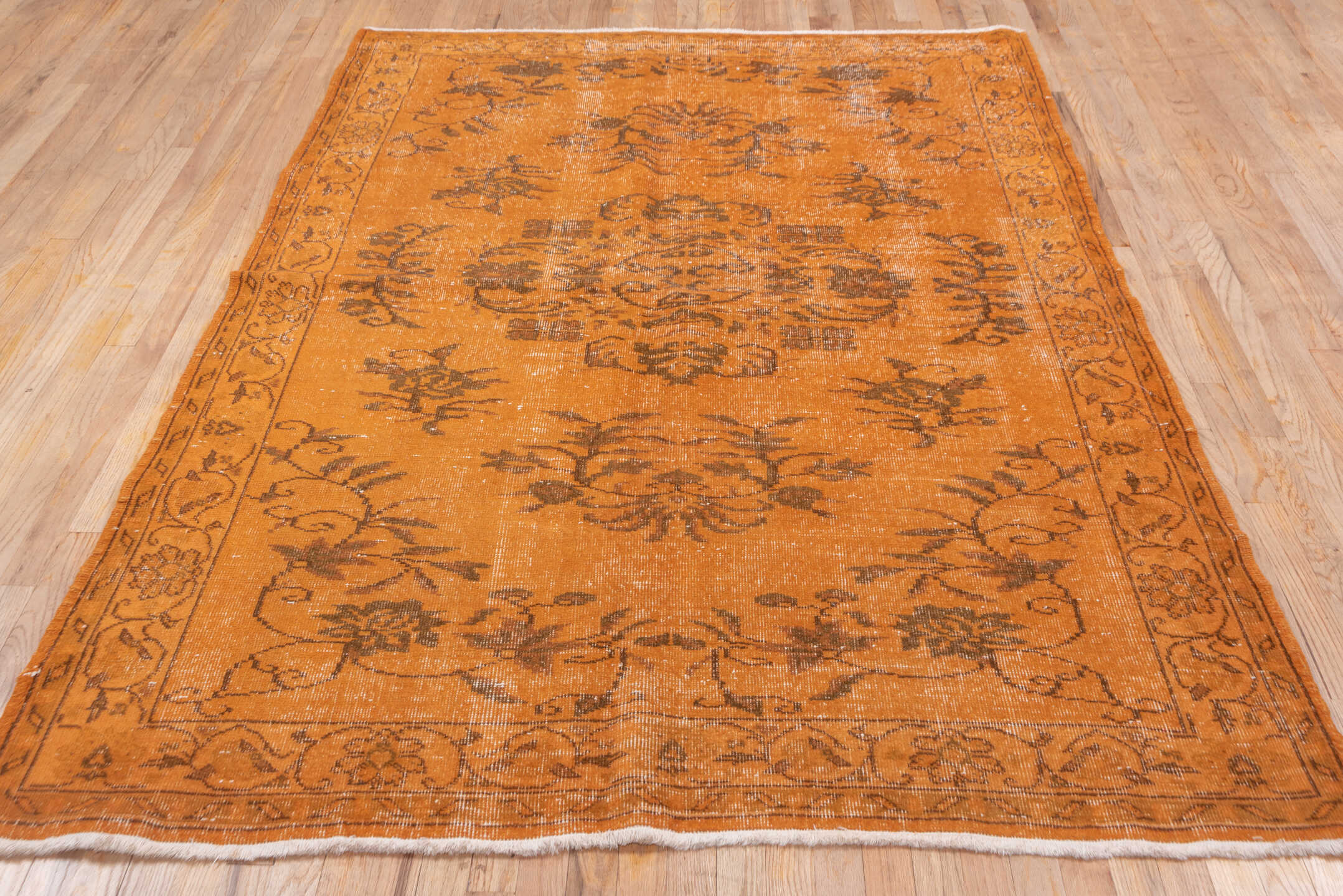 5' x 8' one-of-a-kind handmade vintage Overdyed medium size rug. Color palette: brown, off-white, orange, pink, saddle brown