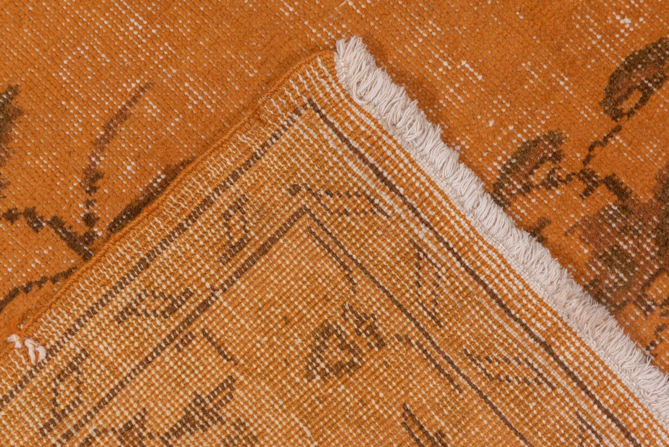 5' x 8' one-of-a-kind handmade vintage Overdyed medium size rug. Color palette: brown, off-white, orange, pink, saddle brown