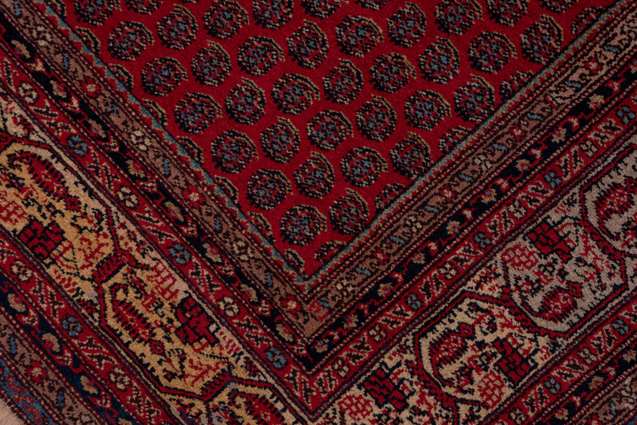 12' x 16' one-of-a-kind handmade antique Saraband oversize rug. Color palette: red, navy, ivory, burgundy, rust, camel, blue