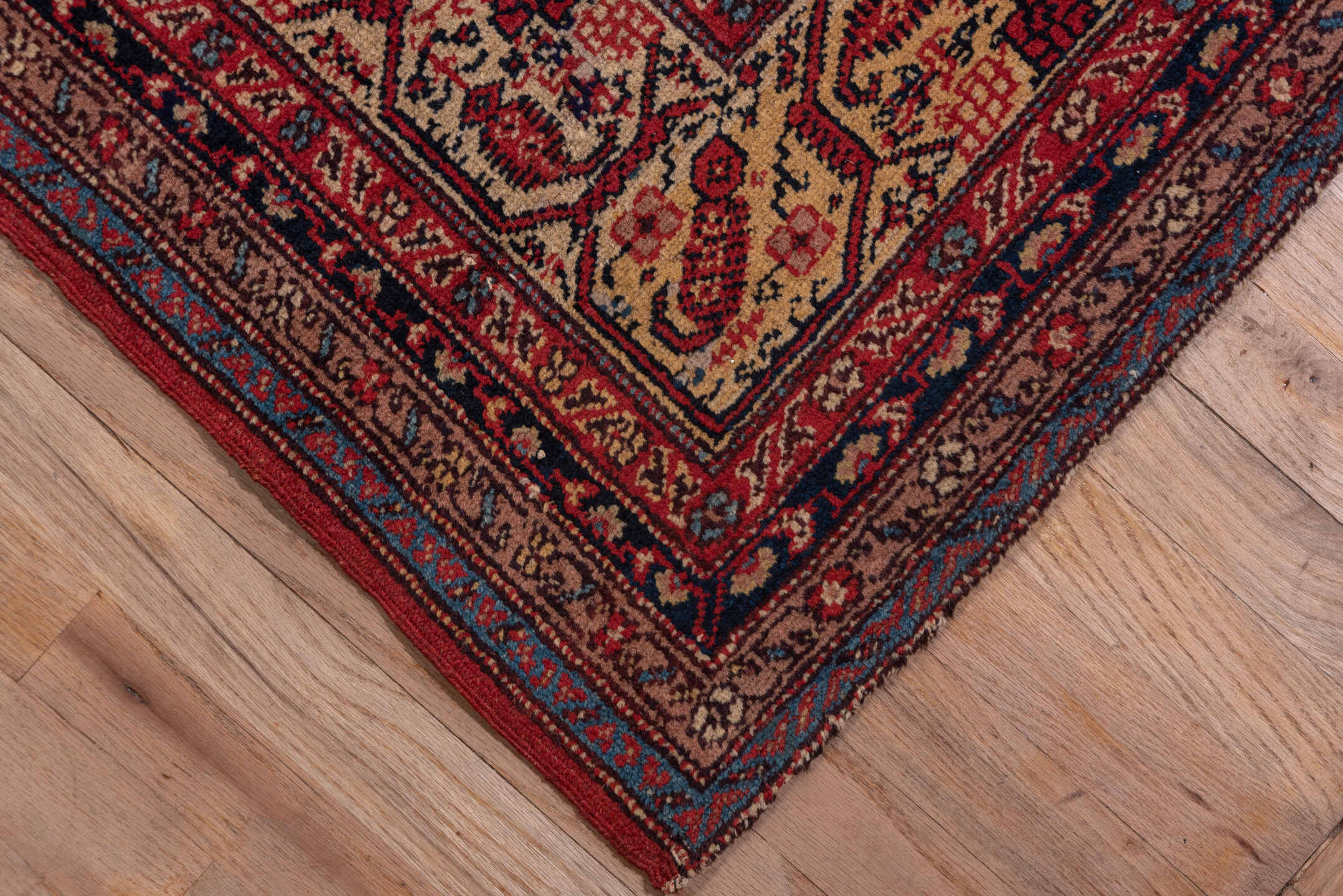 12' x 16' one-of-a-kind handmade antique Saraband oversize rug. Color palette: red, navy, ivory, burgundy, rust, camel, blue