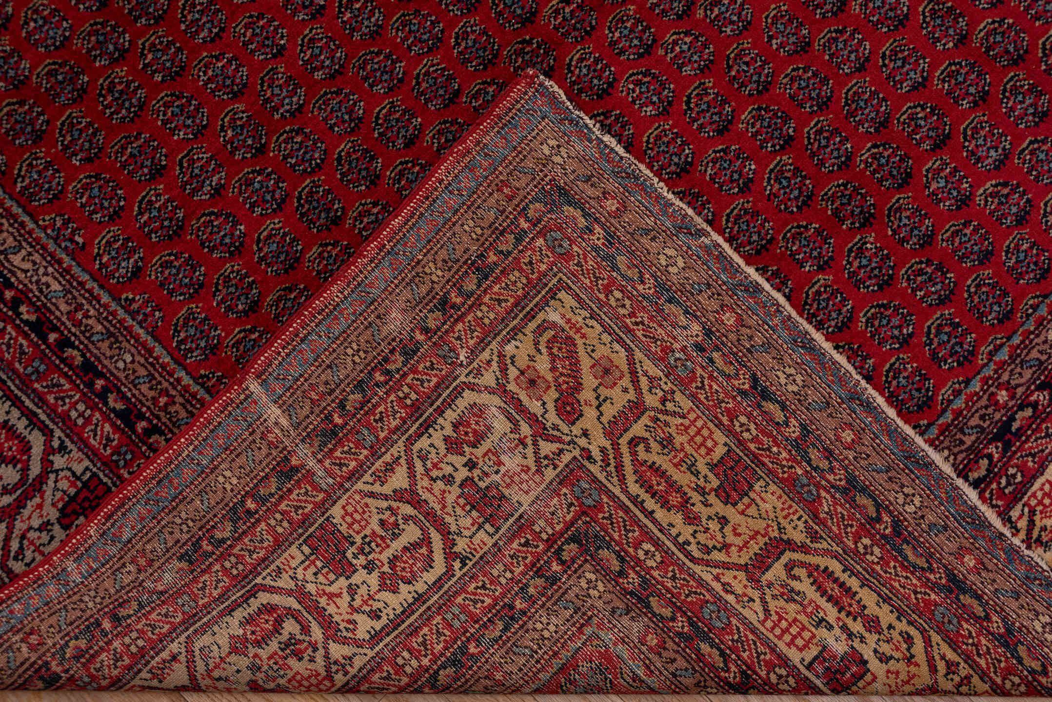 12' x 16' one-of-a-kind handmade antique Saraband oversize rug. Color palette: red, navy, ivory, burgundy, rust, camel, blue