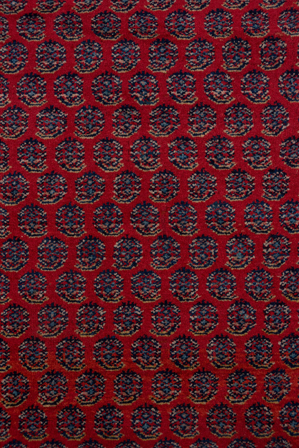 12' x 16' one-of-a-kind handmade antique Saraband oversize rug. Color palette: red, navy, ivory, burgundy, rust, camel, blue