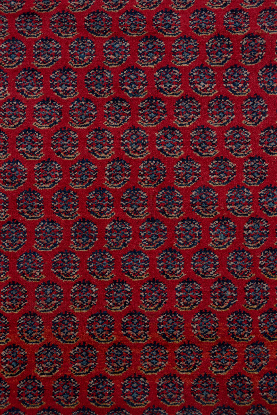 12' x 16' one-of-a-kind handmade antique Saraband oversize rug. Color palette: red, navy, ivory, burgundy, rust, camel, blue