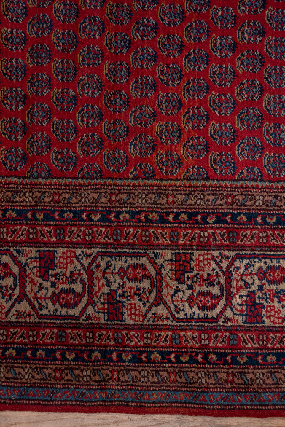12' x 16' one-of-a-kind handmade antique Saraband oversize rug. Color palette: red, navy, ivory, burgundy, rust, camel, blue