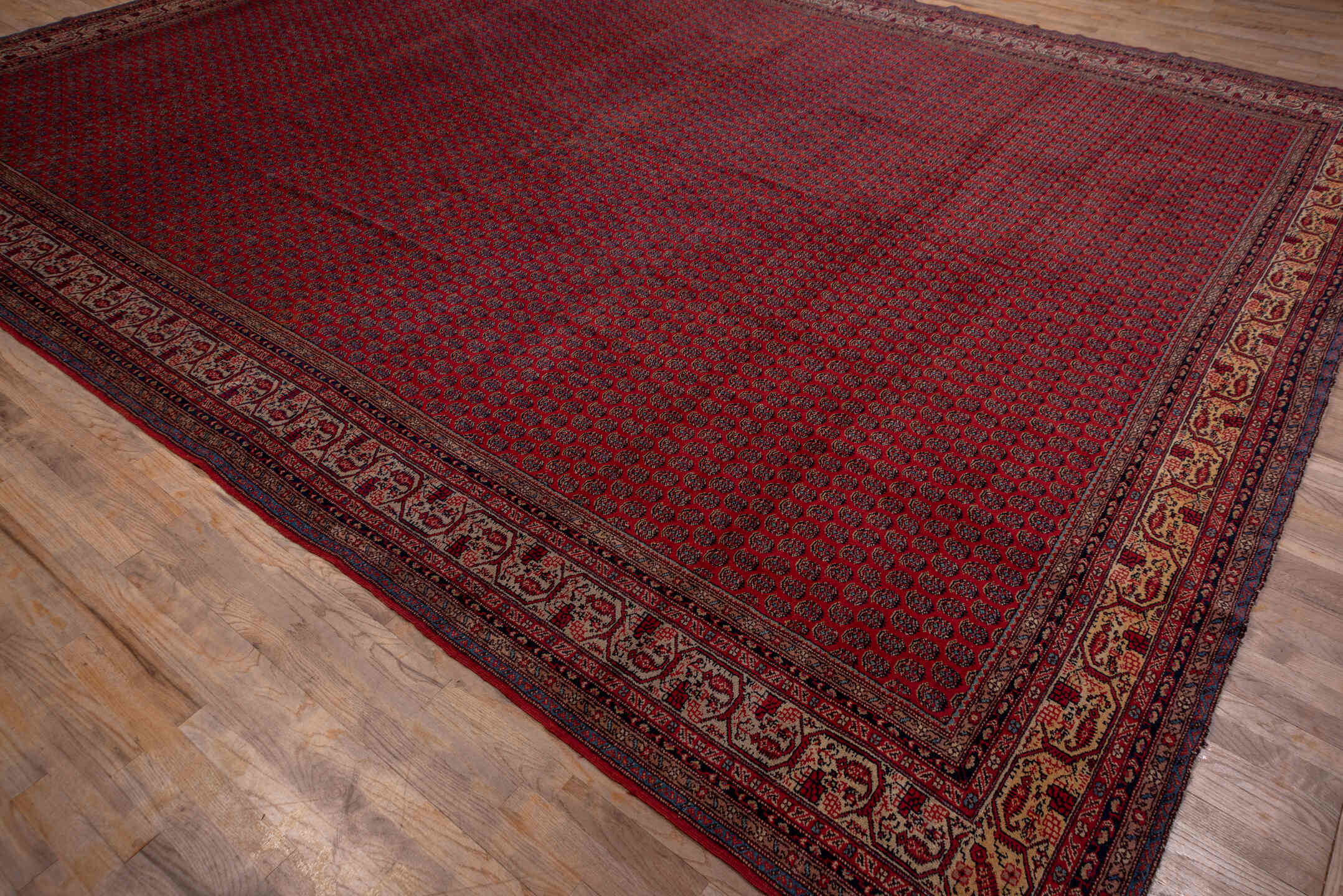 12' x 16' one-of-a-kind handmade antique Saraband oversize rug. Color palette: red, navy, ivory, burgundy, rust, camel, blue