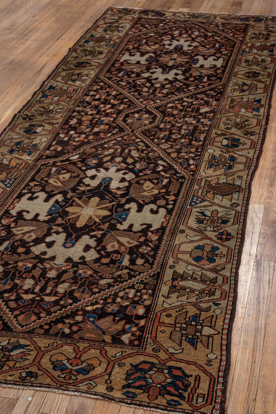 3' x 9' one-of-a-kind handmade antique Malayer runner rug. Color palette: brown, ivory, camel, indigo, rust, taupe, rose