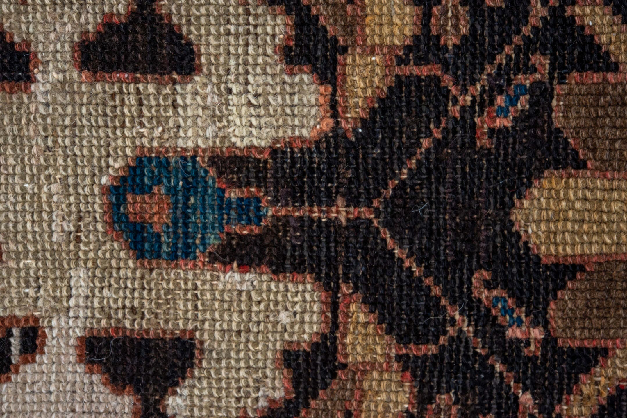 3' x 9' one-of-a-kind handmade antique Malayer runner rug. Color palette: brown, ivory, camel, indigo, rust, taupe, rose