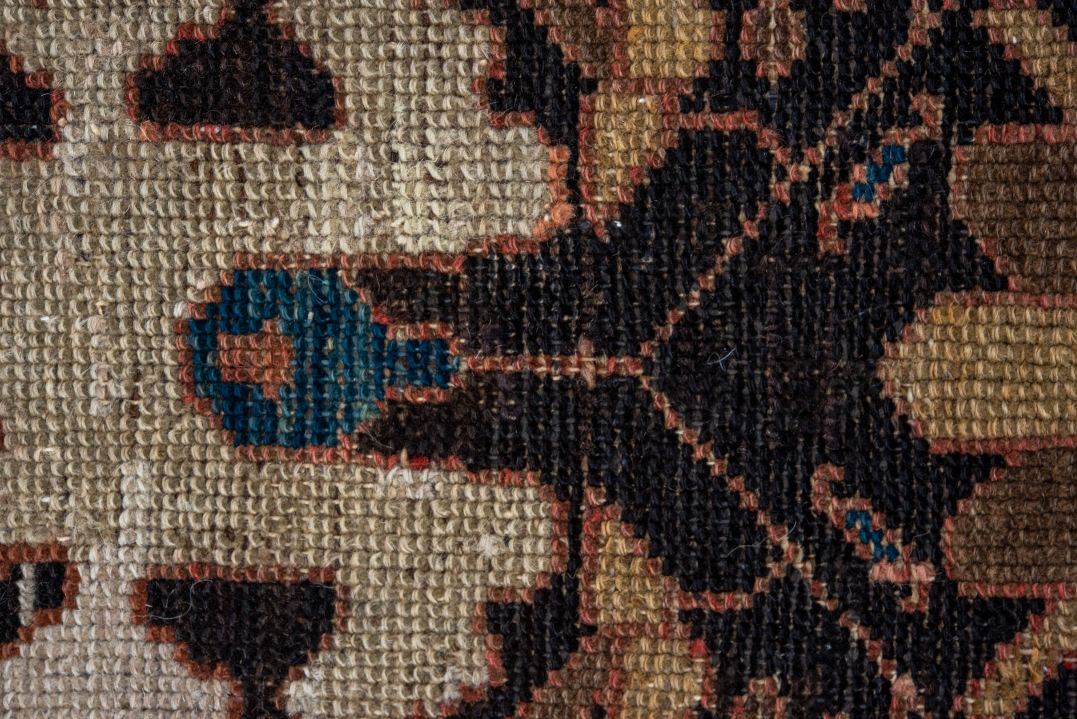 3' x 9' one-of-a-kind handmade vintage Malayer runner rug. Color palette: black, brown, gray, pink, red