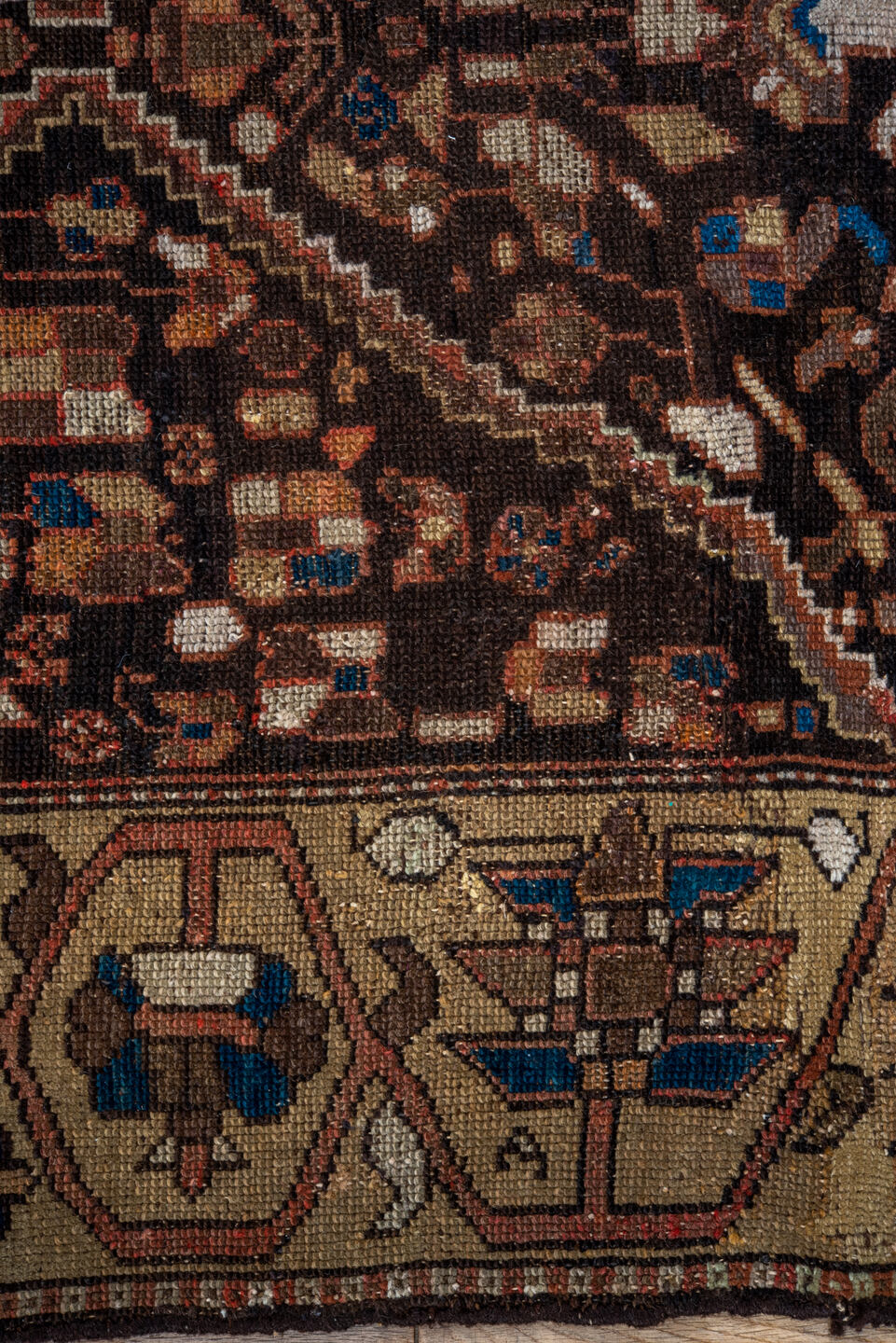 3' x 9' one-of-a-kind handmade vintage Malayer runner rug. Color palette: black, brown, gray, pink, red