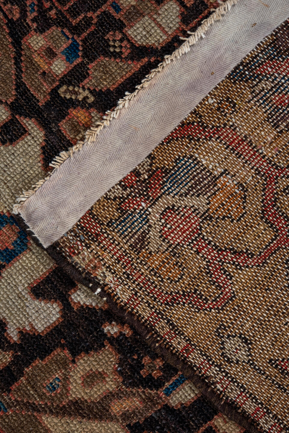 3' x 9' one-of-a-kind handmade vintage Malayer runner rug. Color palette: black, brown, gray, pink, red