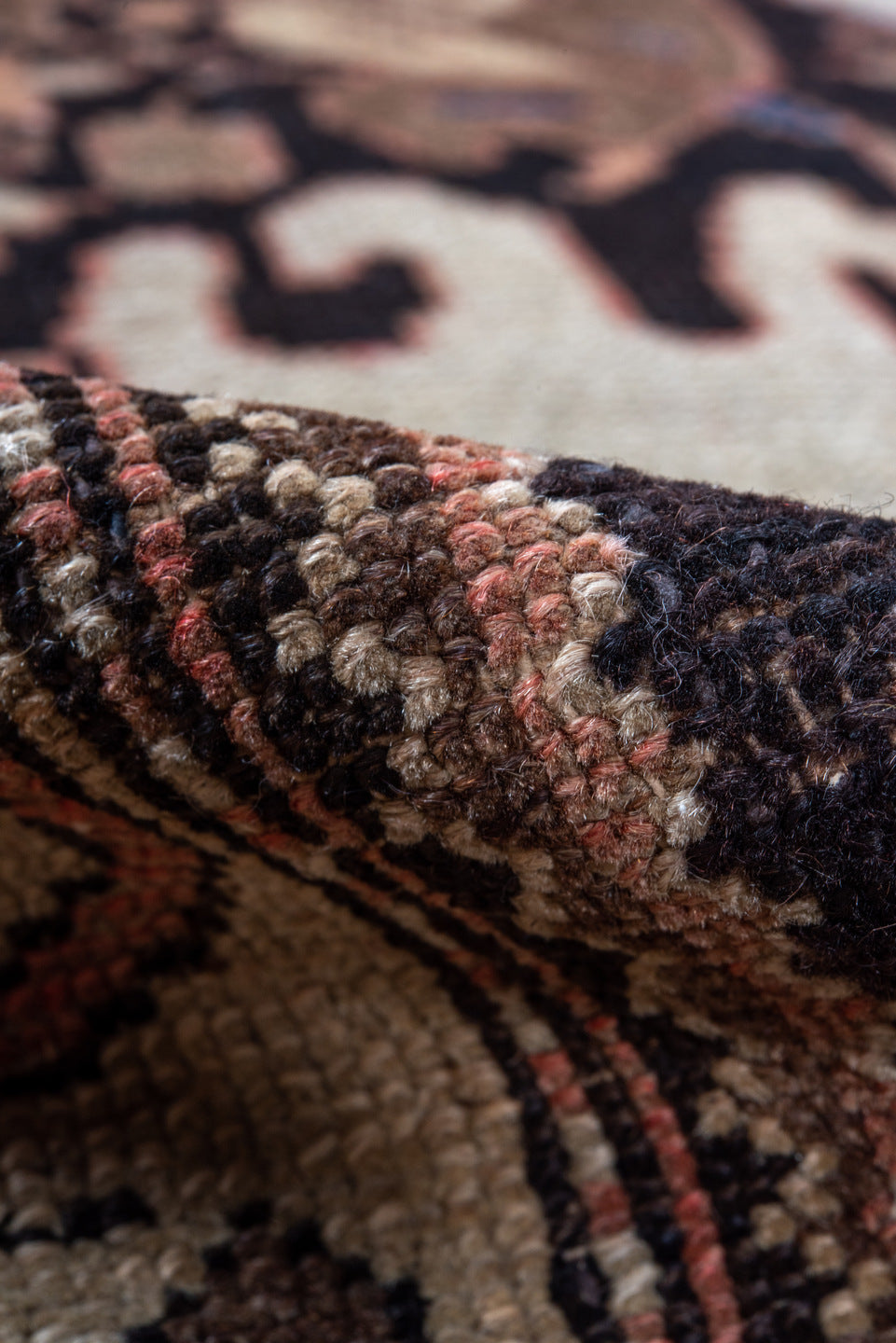 3' x 9' one-of-a-kind handmade vintage Malayer runner rug. Color palette: black, brown, gray, pink, red