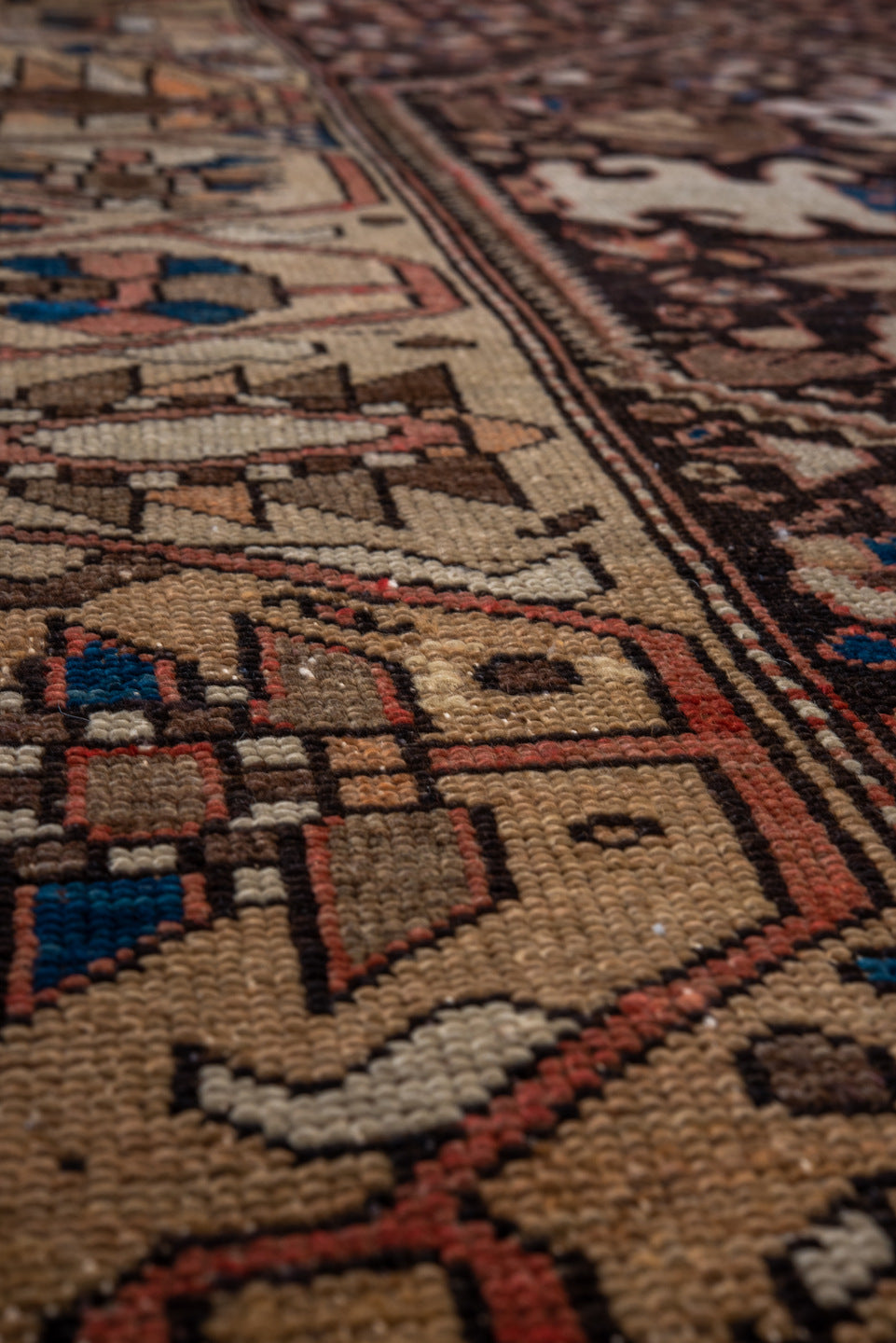 3' x 9' one-of-a-kind handmade vintage Malayer runner rug. Color palette: black, brown, gray, pink, red