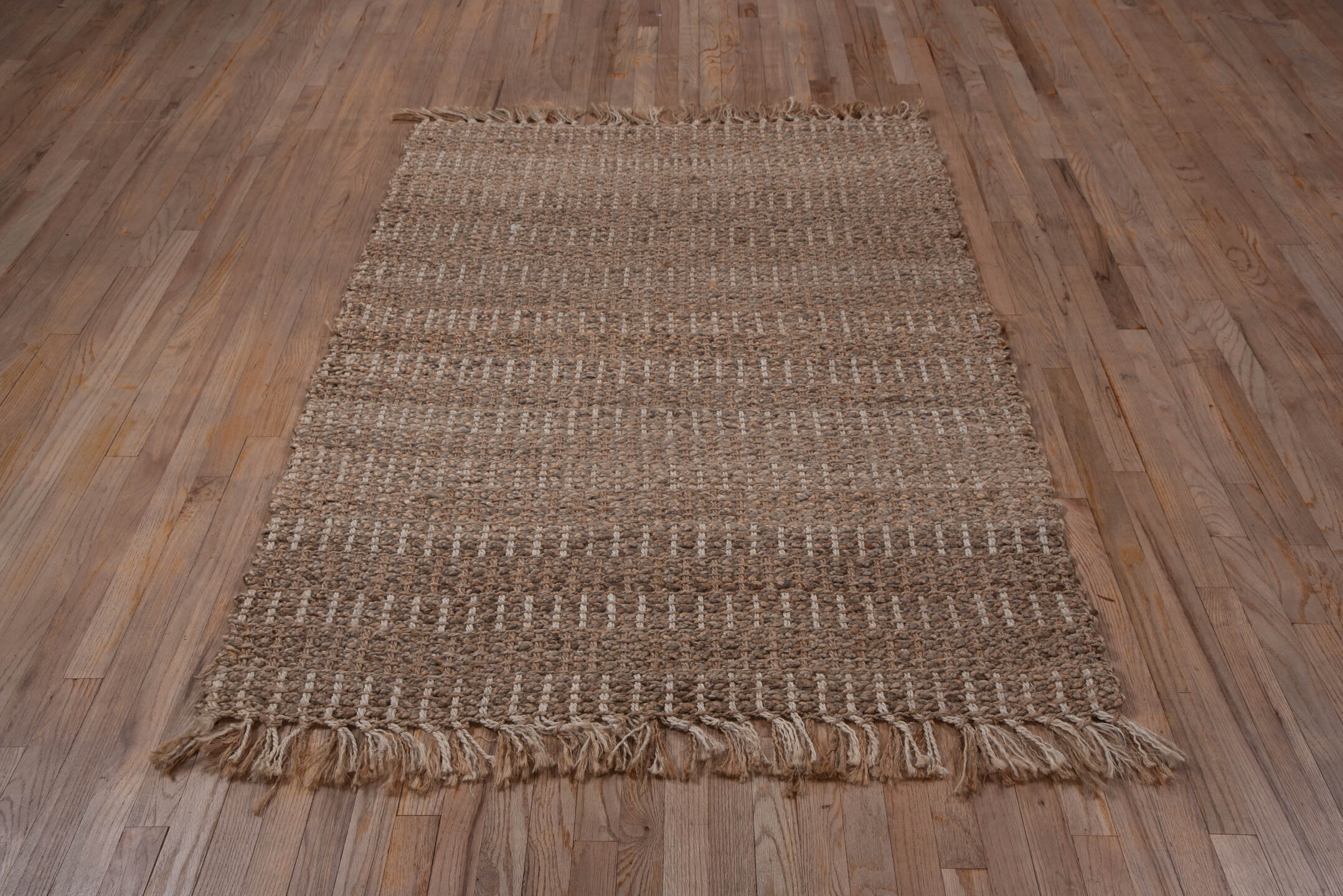 4' x 6' one-of-a-kind handmade vintage Sisal small size rug. Color palette: brown, gainsboro, gray, light gray, off-white
