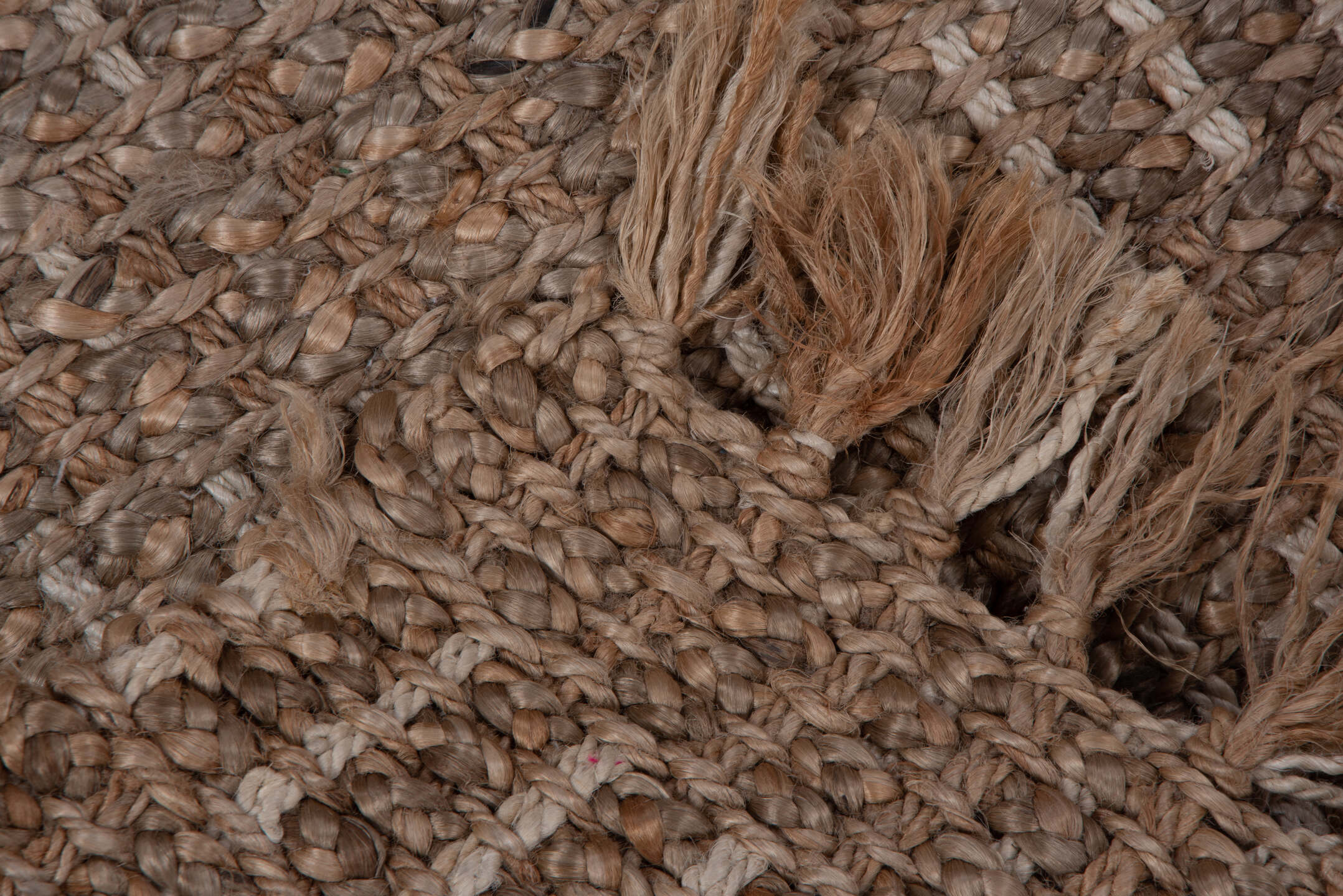 4' x 6' one-of-a-kind handmade vintage Sisal small size rug. Color palette: brown, gainsboro, gray, light gray, off-white