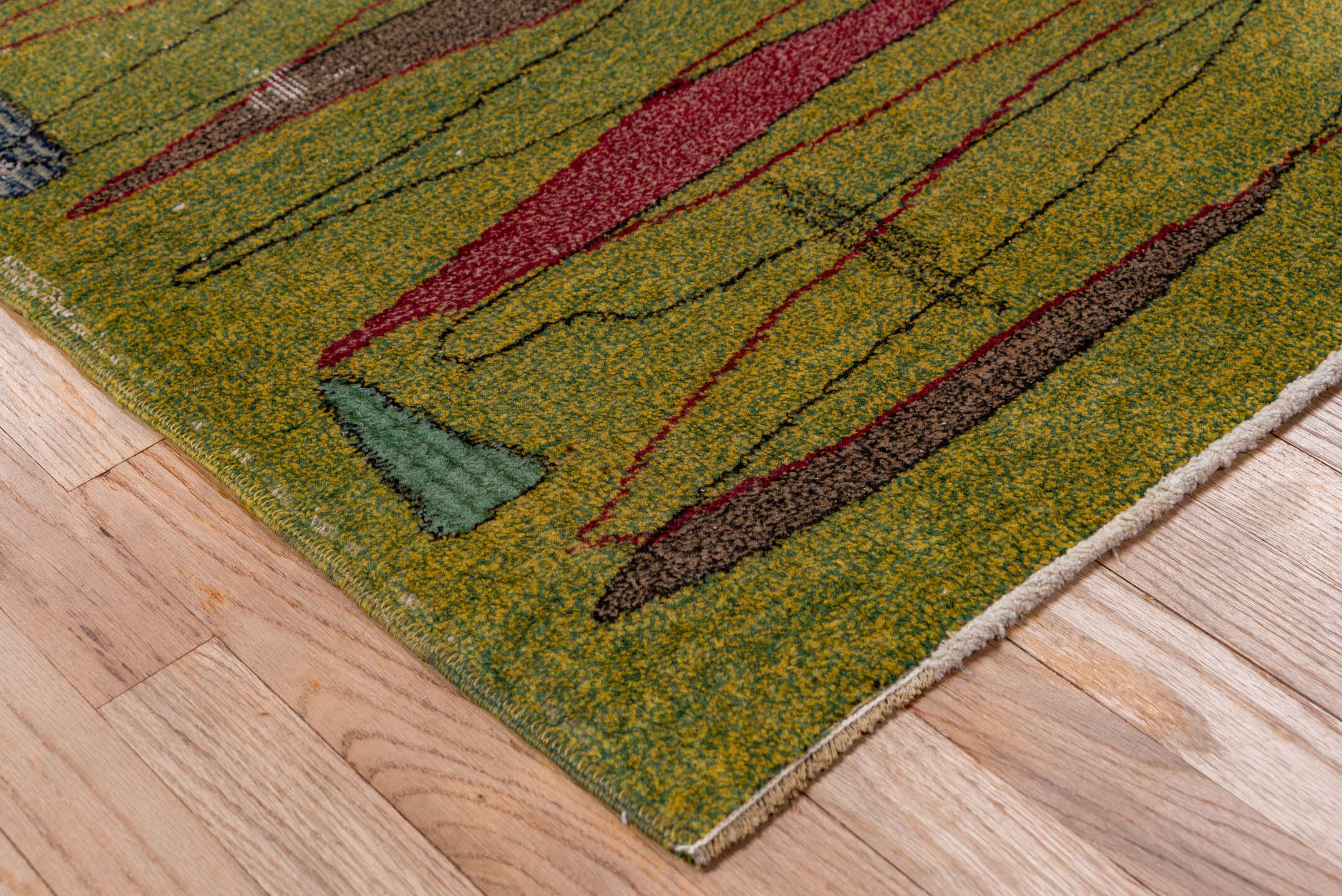5' x 8' one-of-a-kind handmade vintage Art Deco medium size rug. Color palette: olive, rose, ivory, burgundy, taupe, teal